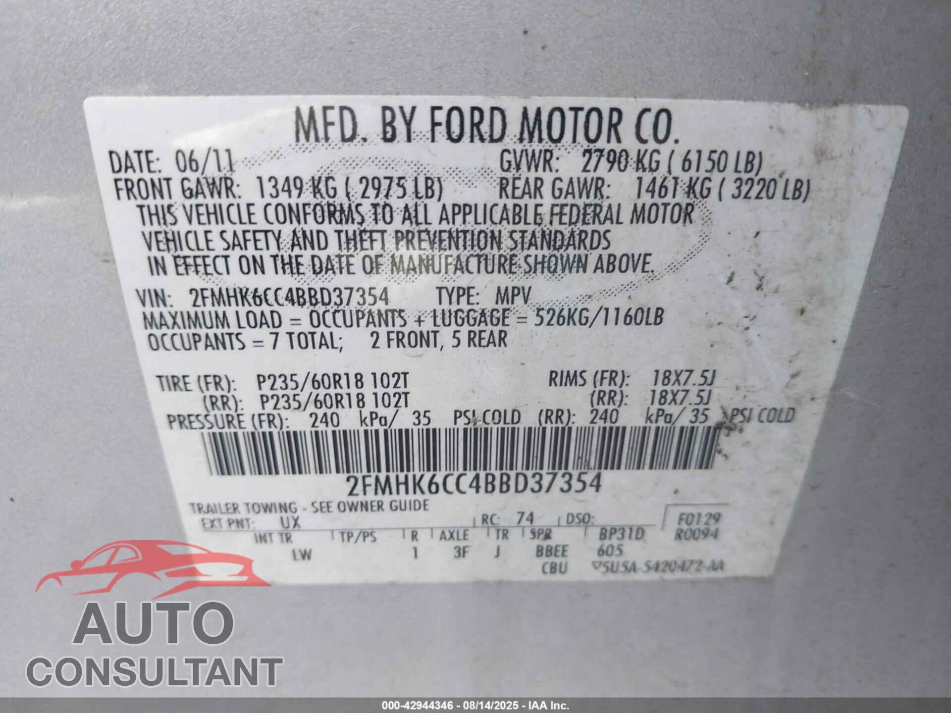 FORD FLEX 2011 - 2FMHK6CC4BBD37354