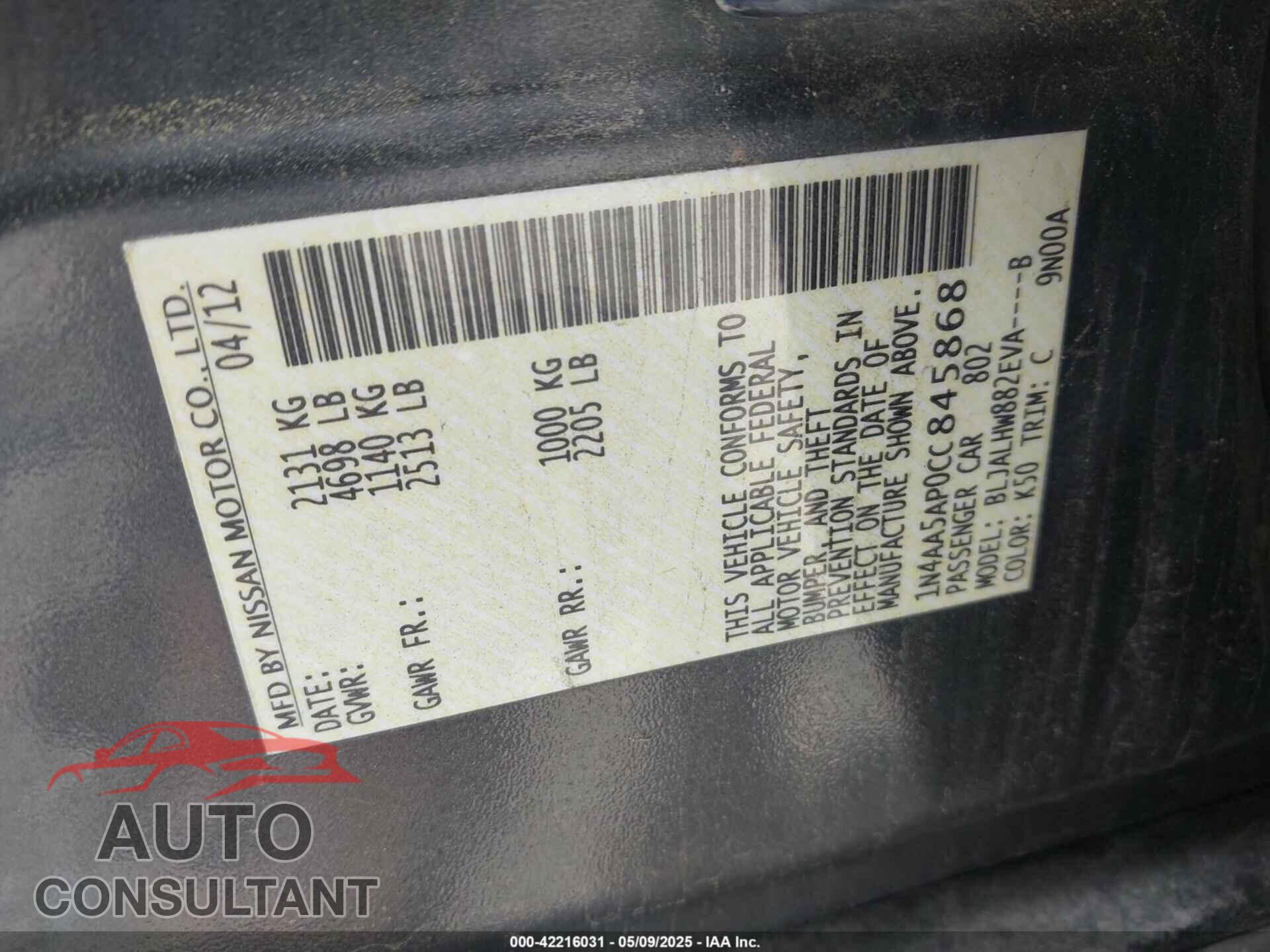 NISSAN MAXIMA 2012 - 1N4AA5AP0CC845868