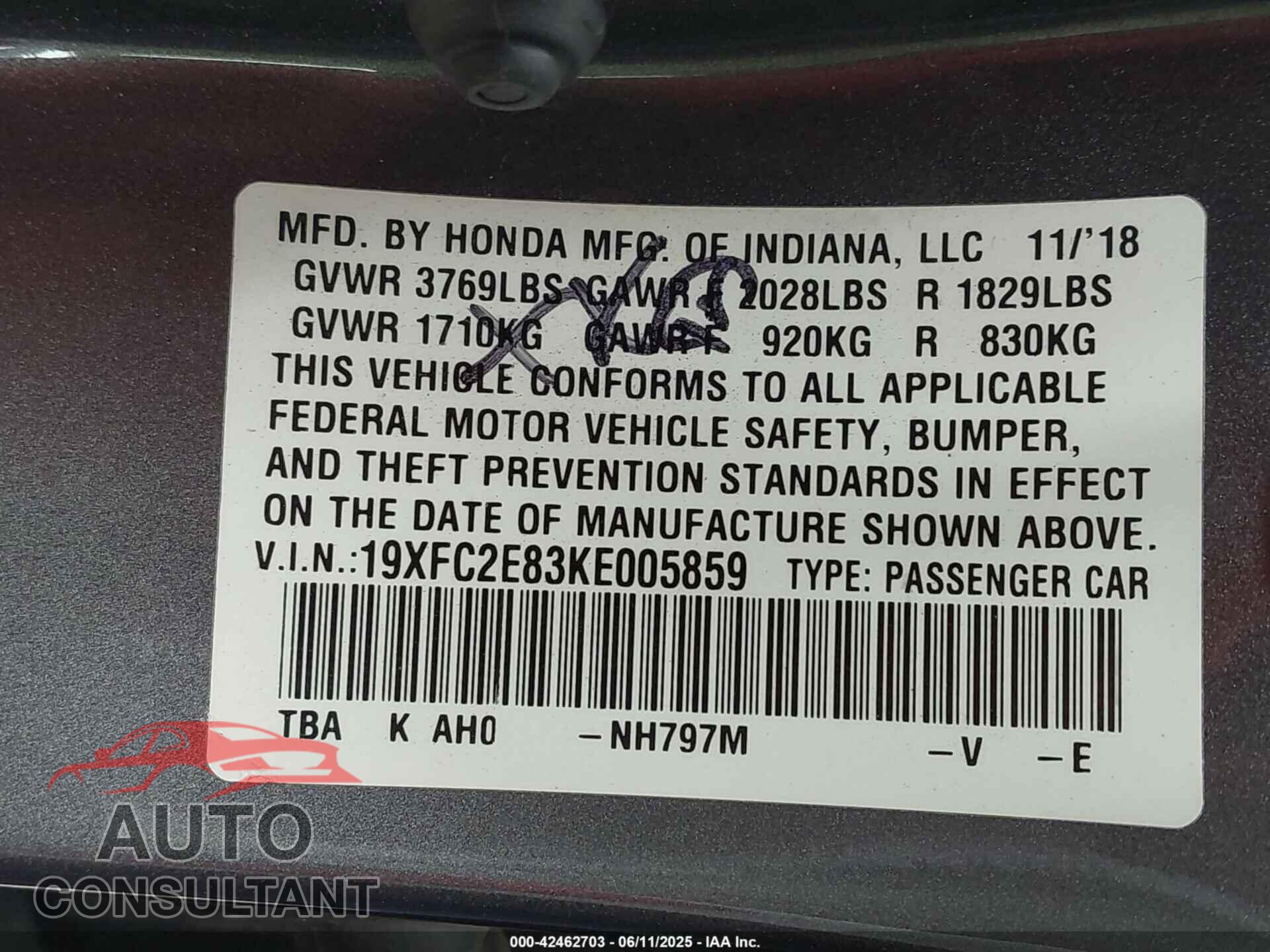 HONDA CIVIC 2019 - 19XFC2E83KE005859