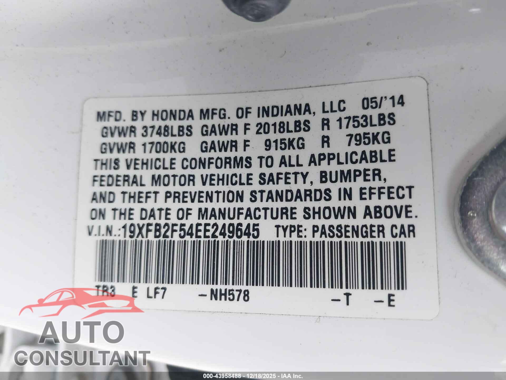 HONDA CIVIC 2014 - 19XFB2F54EE249645