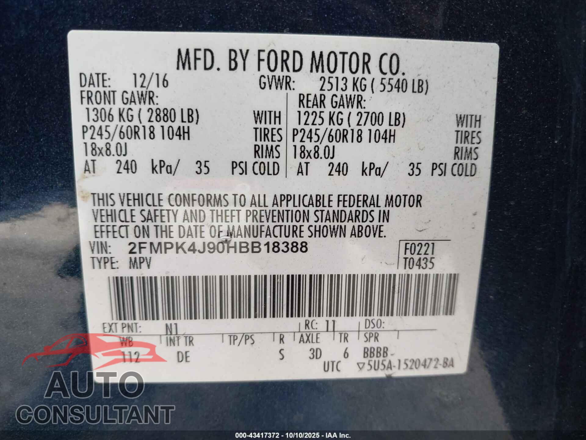 FORD EDGE 2017 - 2FMPK4J90HBB18388
