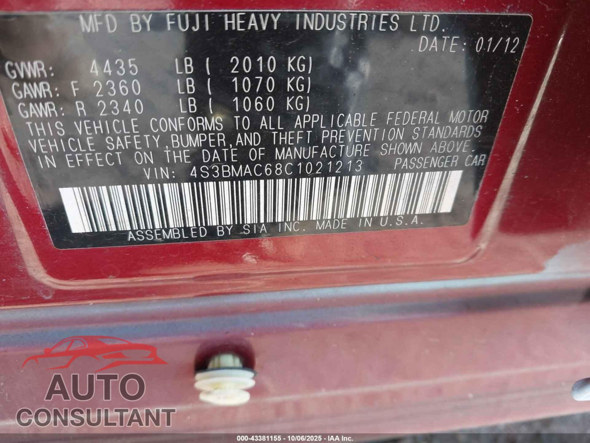 SUBARU LEGACY 2012 - 4S3BMAC68C1021213