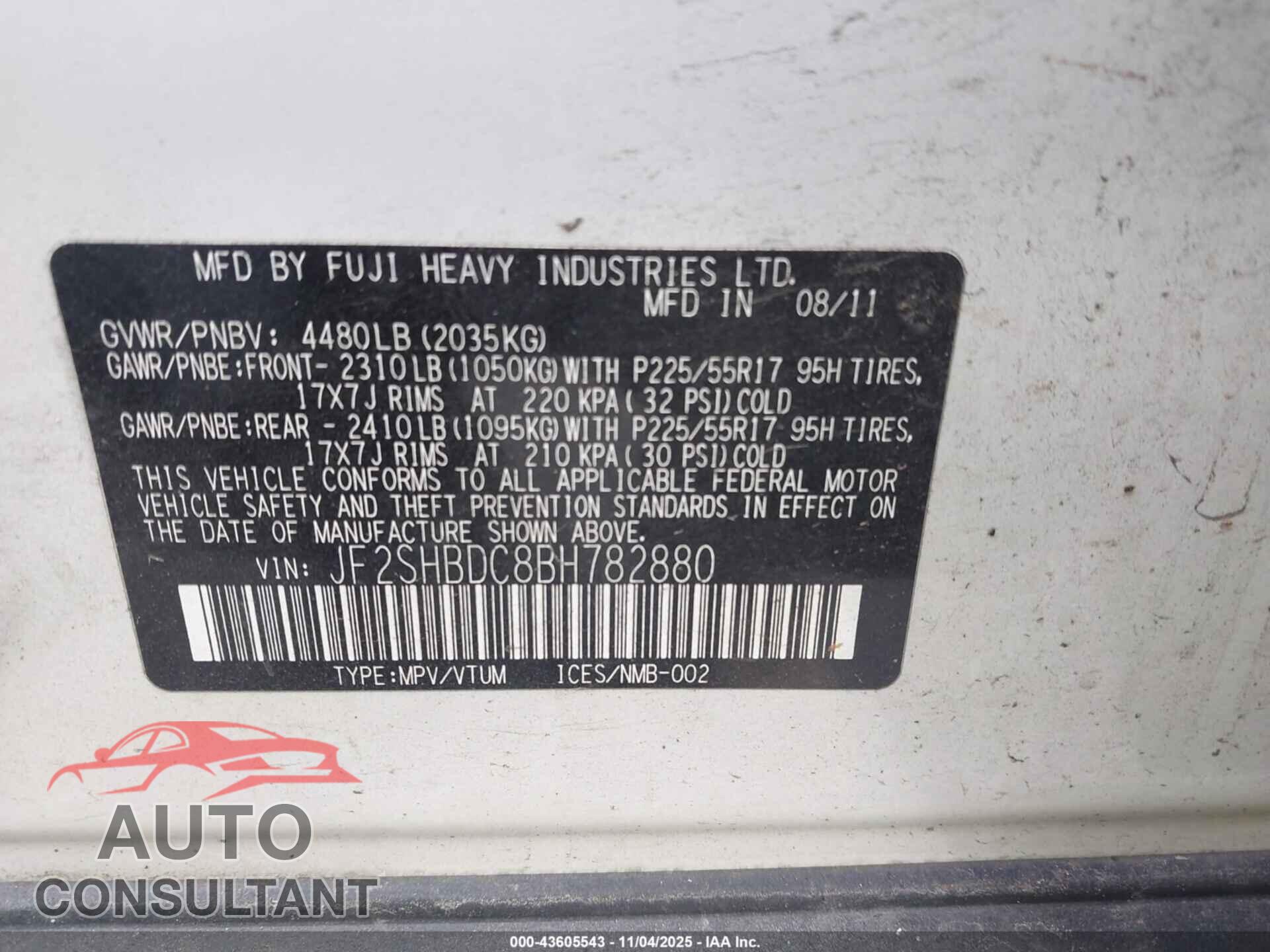 SUBARU FORESTER 2011 - JF2SHBDC8BH782880