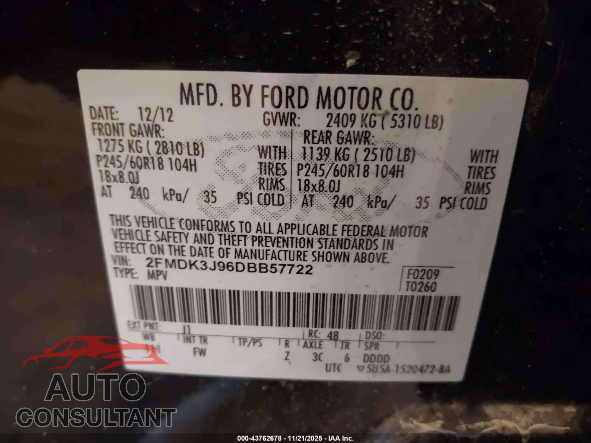 FORD EDGE 2013 - 2FMDK3J96DBB57722
