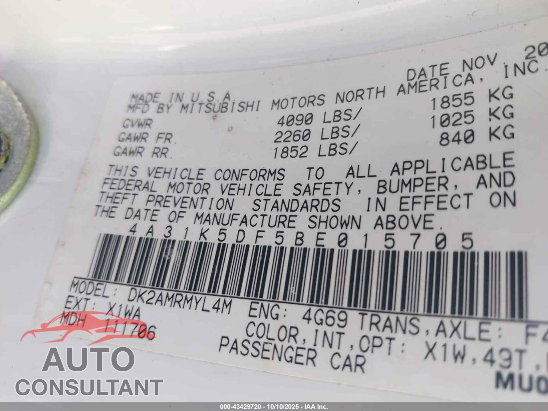 MITSUBISHI ECLIPSE 2011 - 4A31K5DF5BE015705