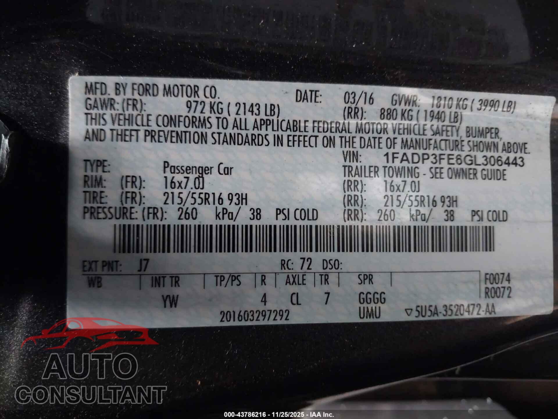 FORD FOCUS 2016 - 1FADP3FE6GL306443
