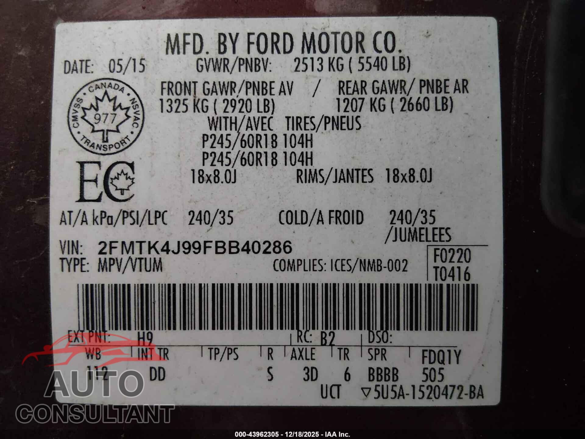 FORD EDGE 2015 - 2FMTK4J99FBB40286