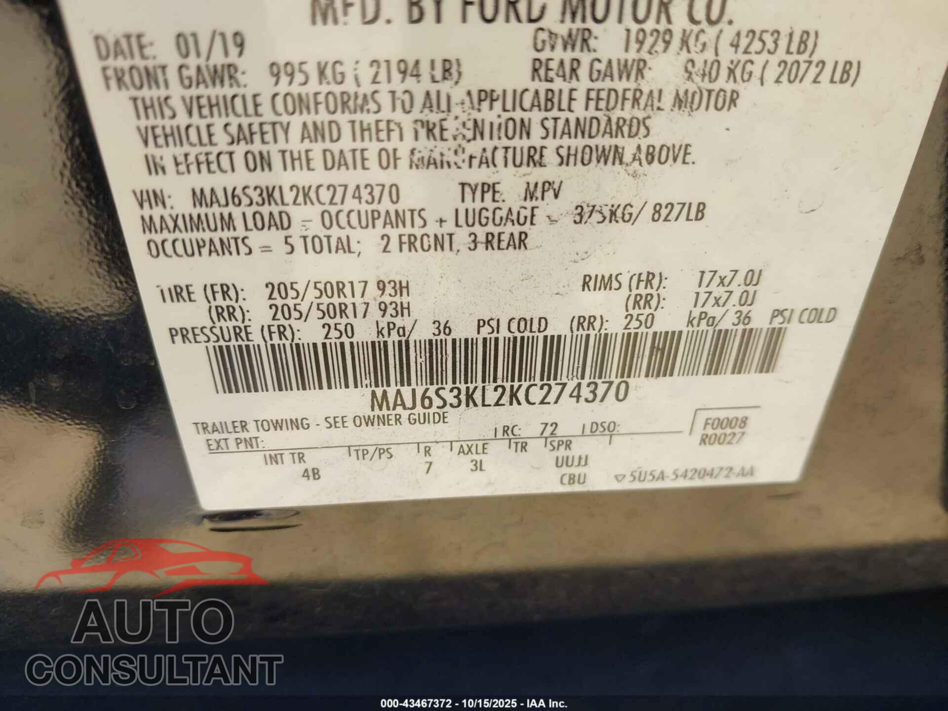 FORD ECOSPORT 2019 - MAJ6S3KL2KC274370