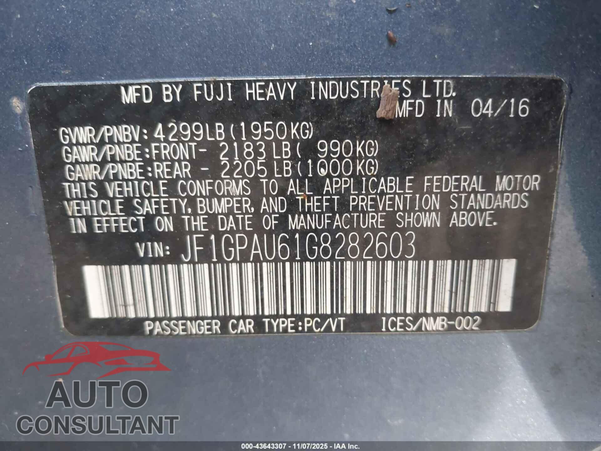 SUBARU IMPREZA 2016 - JF1GPAU61G8282603