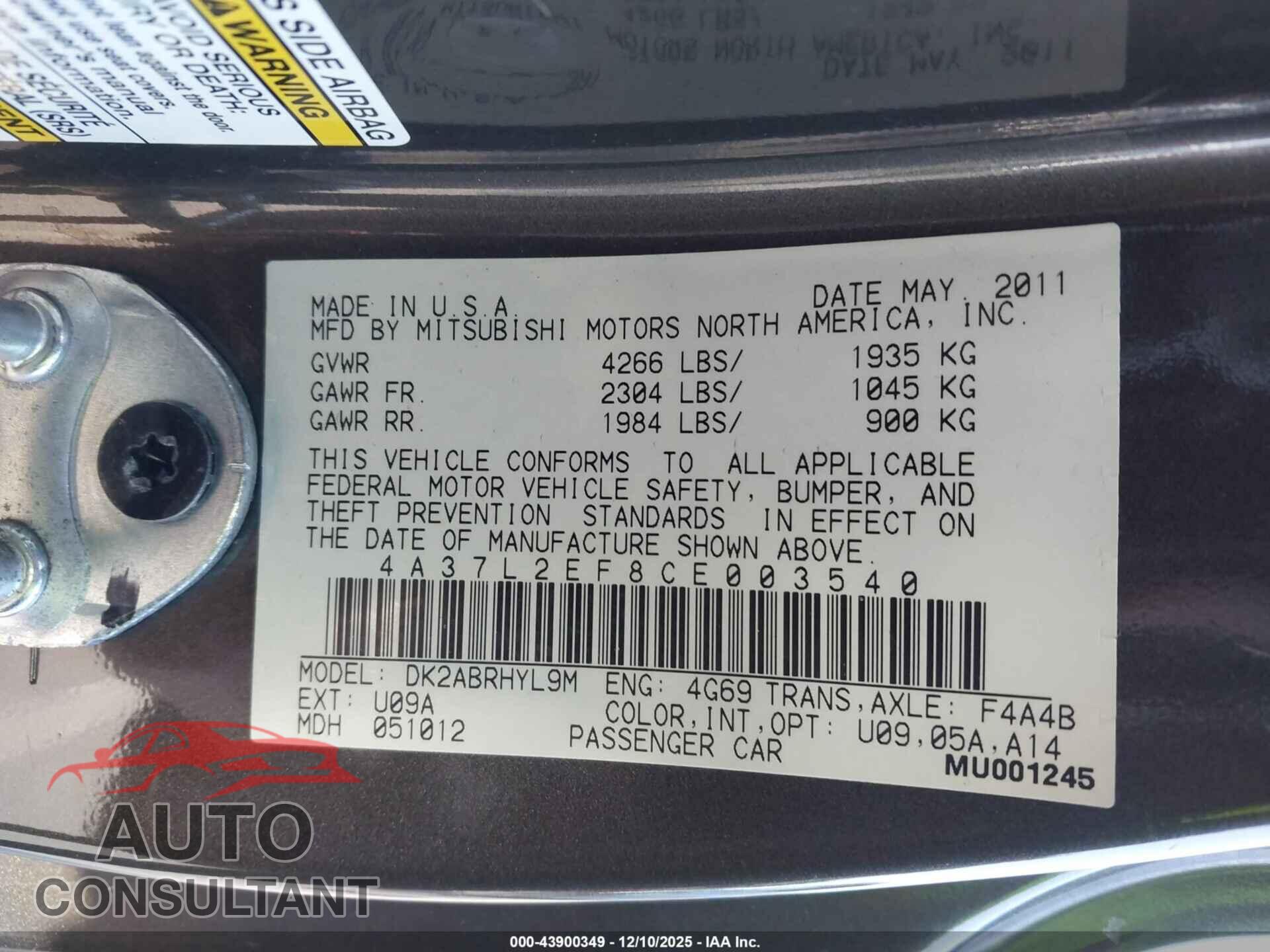 MITSUBISHI ECLIPSE SPYDER 2012 - 4A37L2EF8CE003540