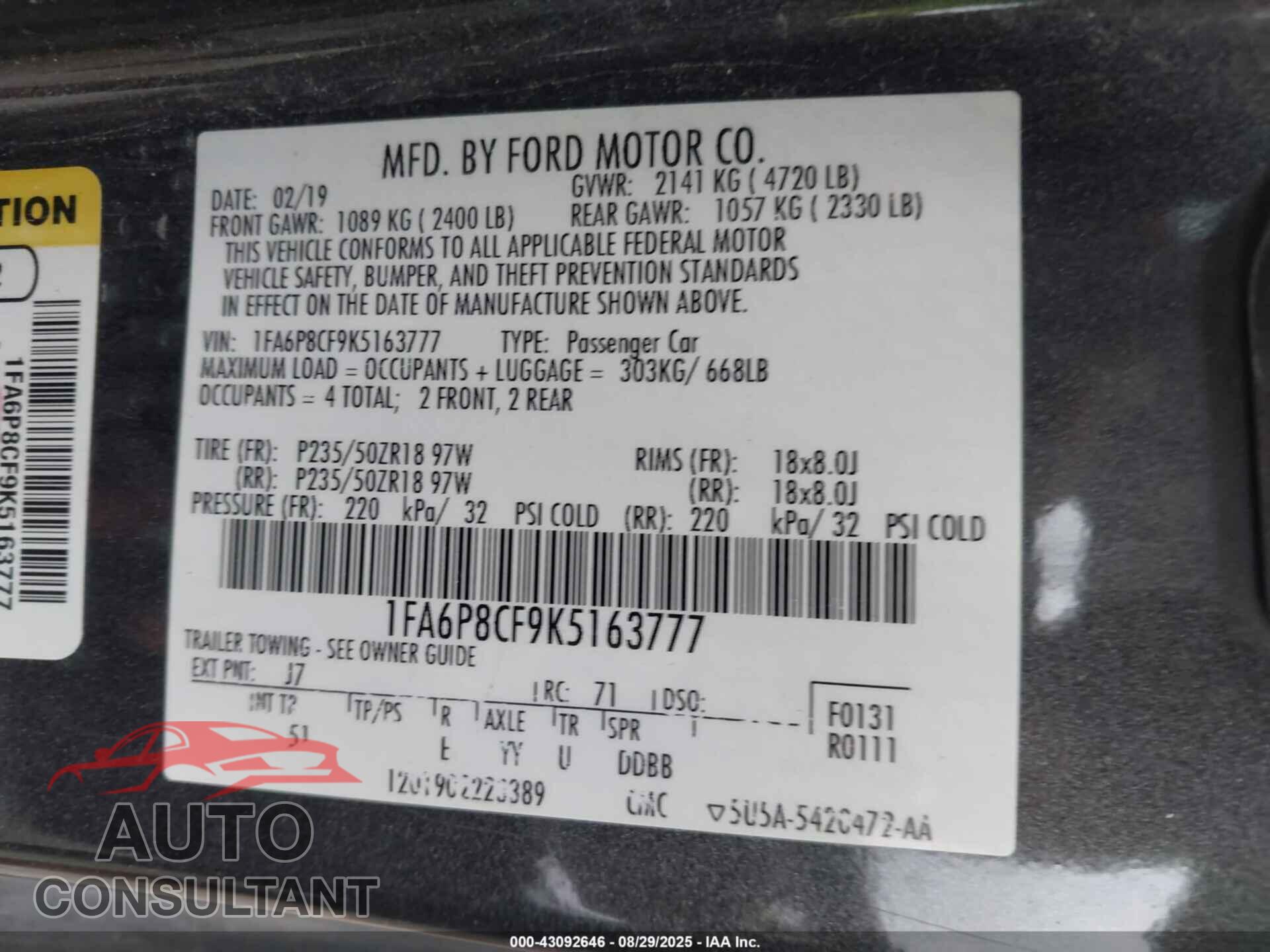 FORD MUSTANG 2019 - 1FA6P8CF9K5163777