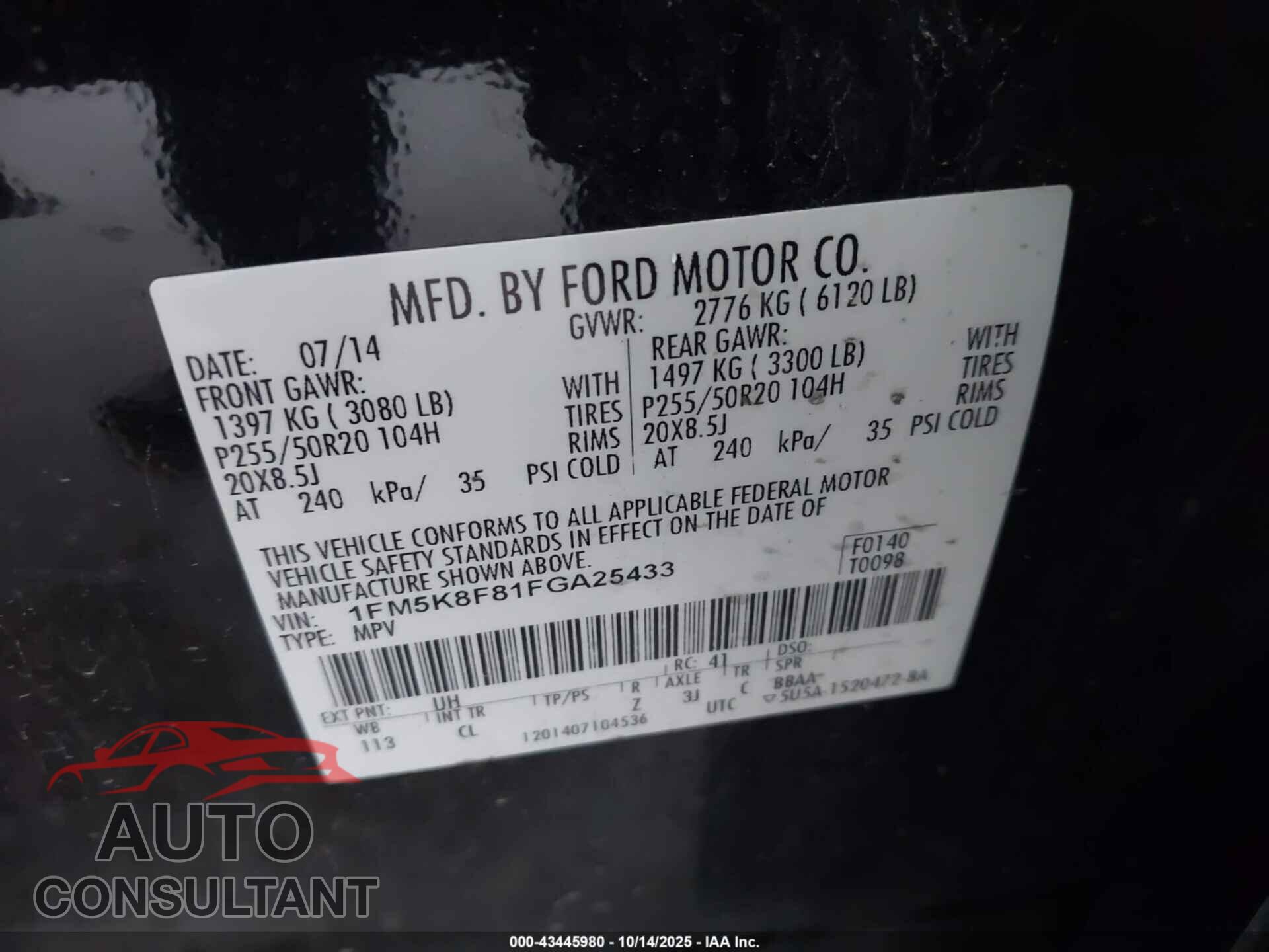 FORD EXPLORER 2015 - 1FM5K8F81FGA25433