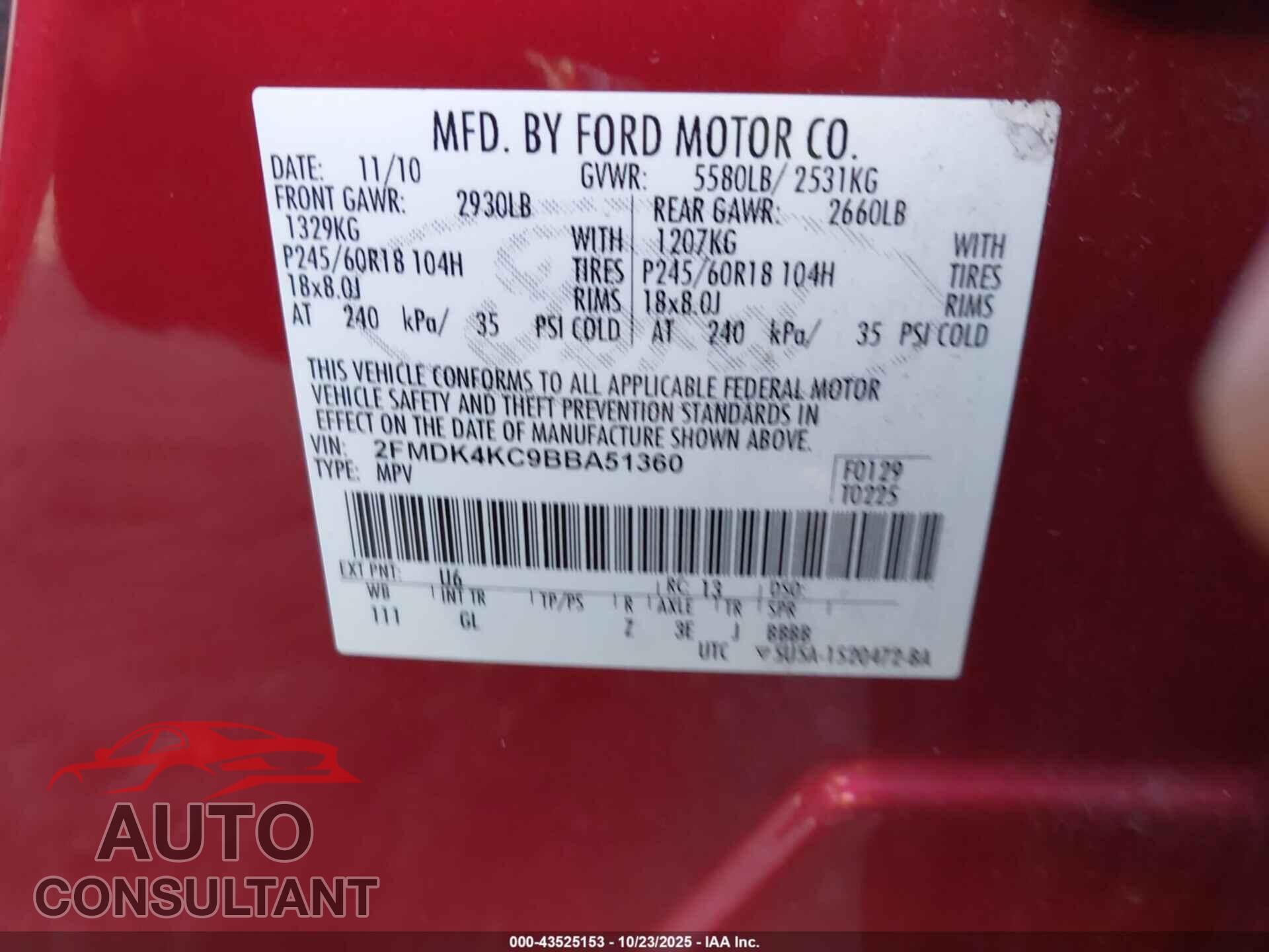 FORD EDGE 2011 - 2FMDK4KC9BBA51360