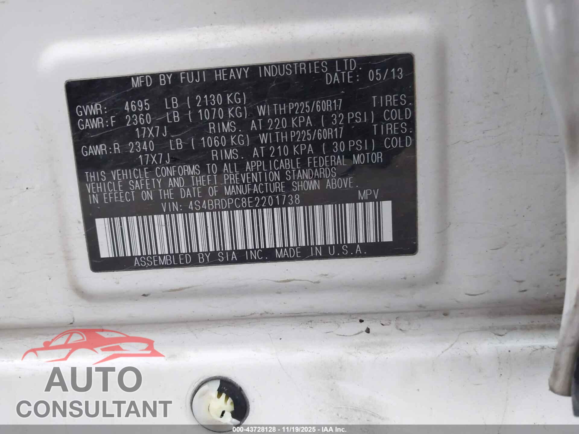 SUBARU OUTBACK 2014 - 4S4BRDPC8E2201738