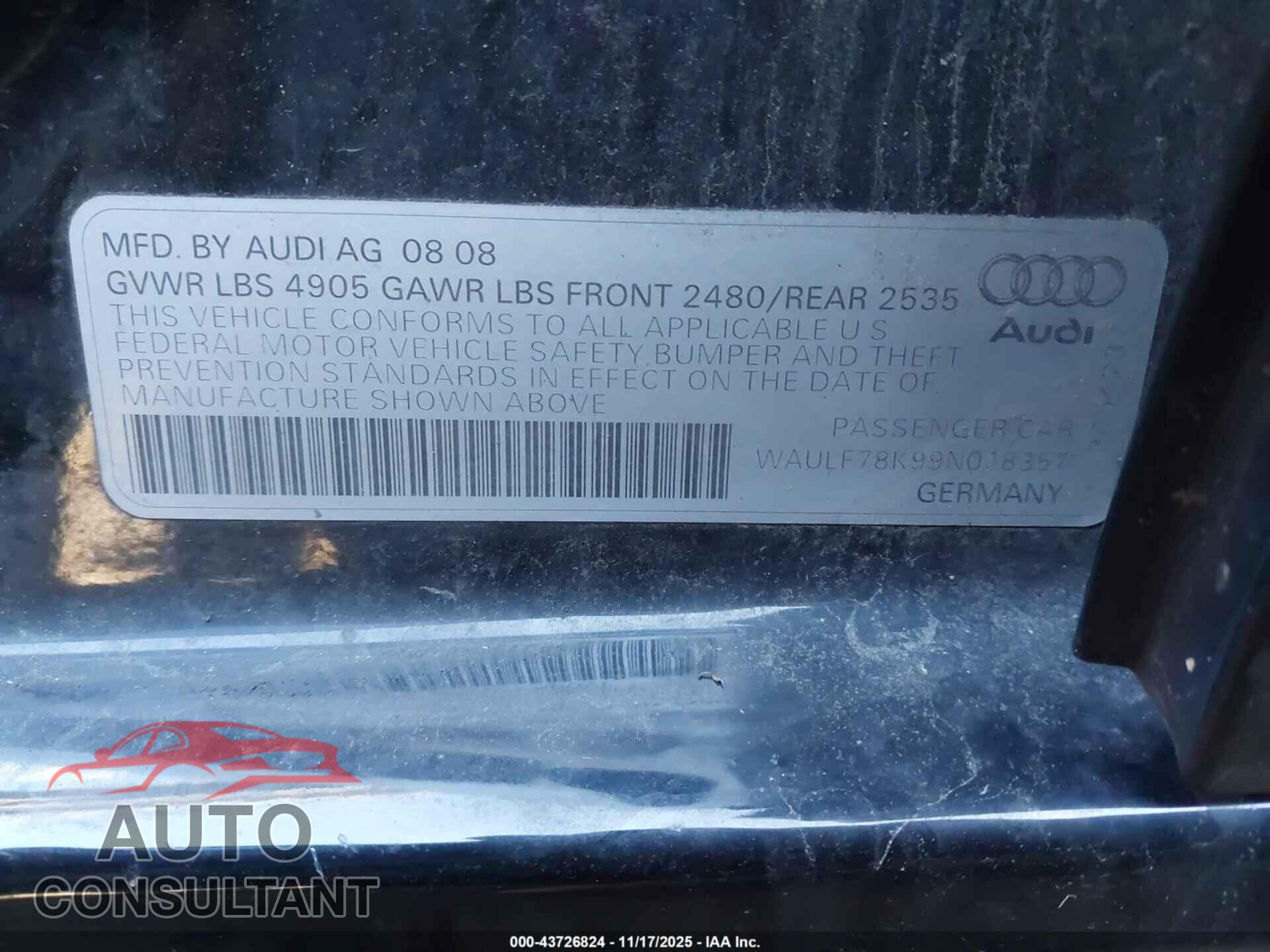 AUDI A4 2009 - WAULF78K99N018357