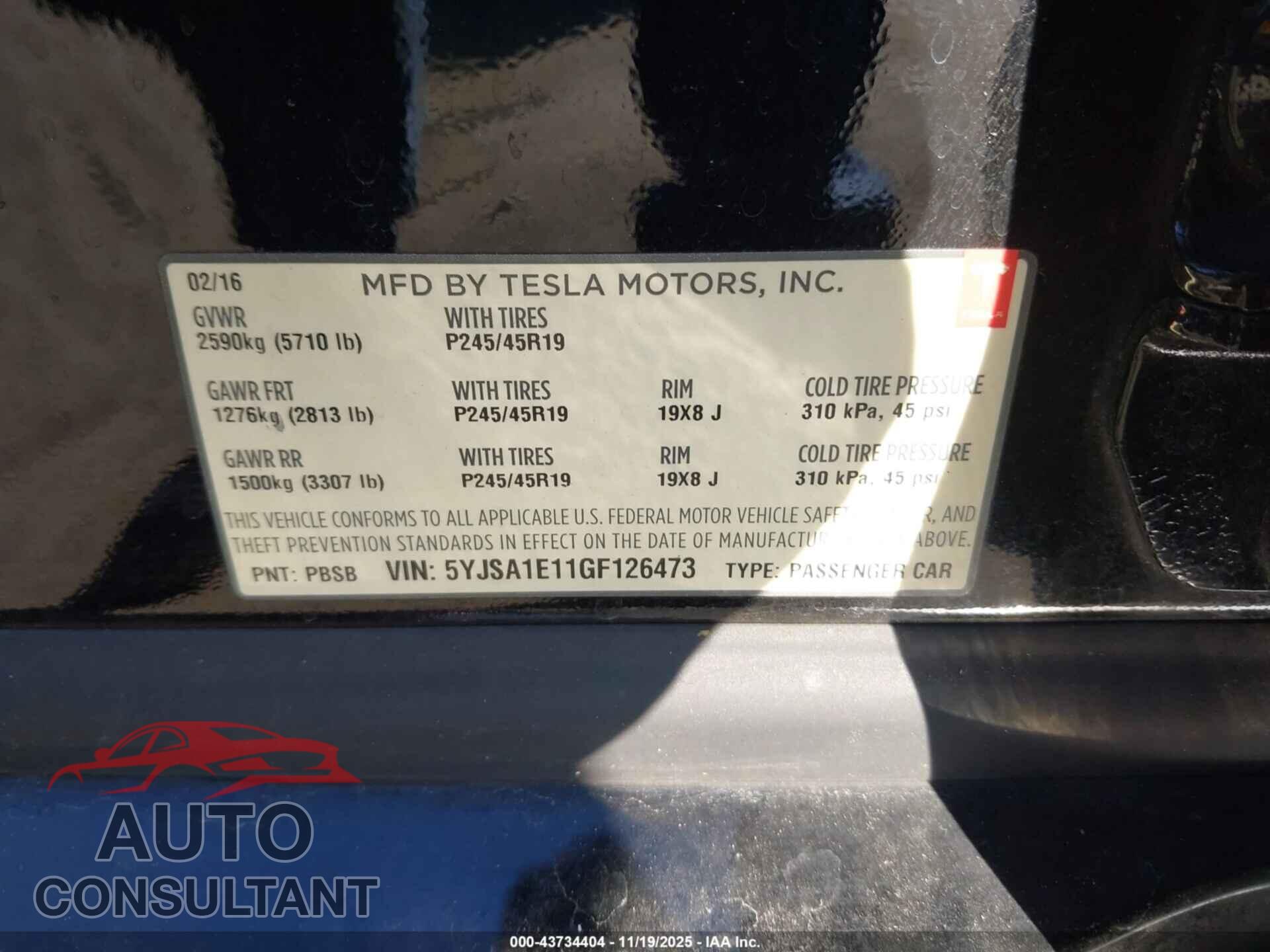 TESLA MODEL S 2016 - 5YJSA1E11GF126473