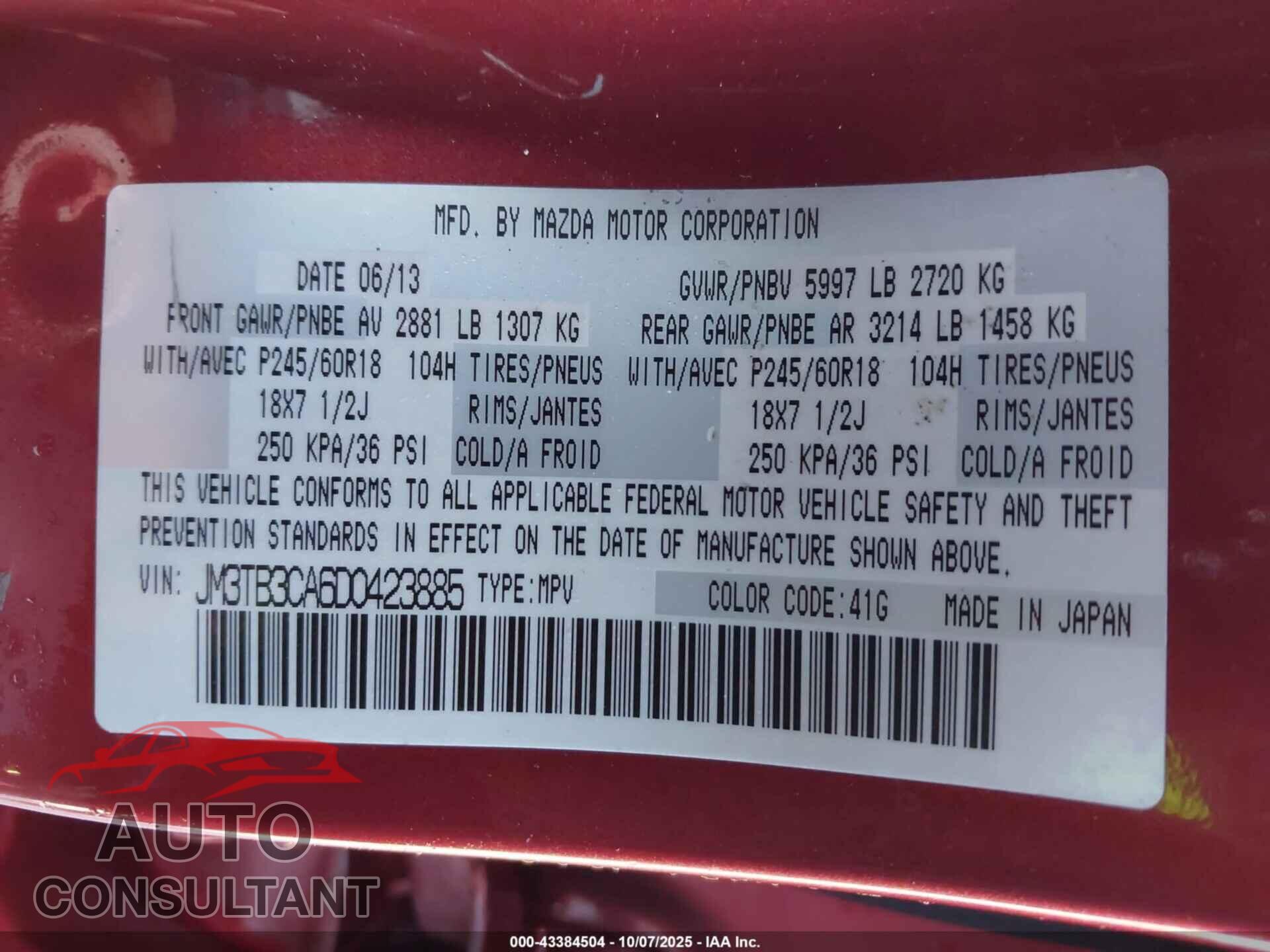 MAZDA CX-9 2013 - JM3TB3CA6D0423885