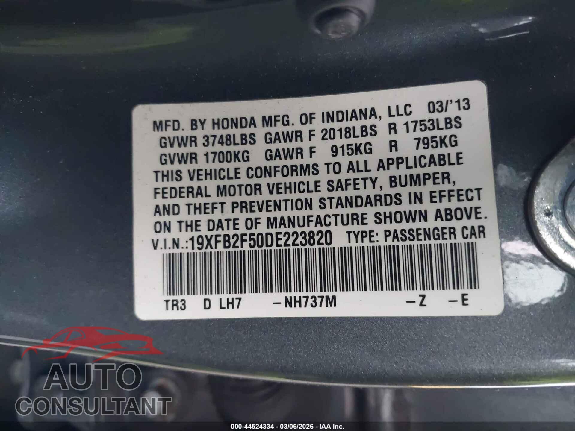 HONDA CIVIC 2013 - 19XFB2F50DE223820