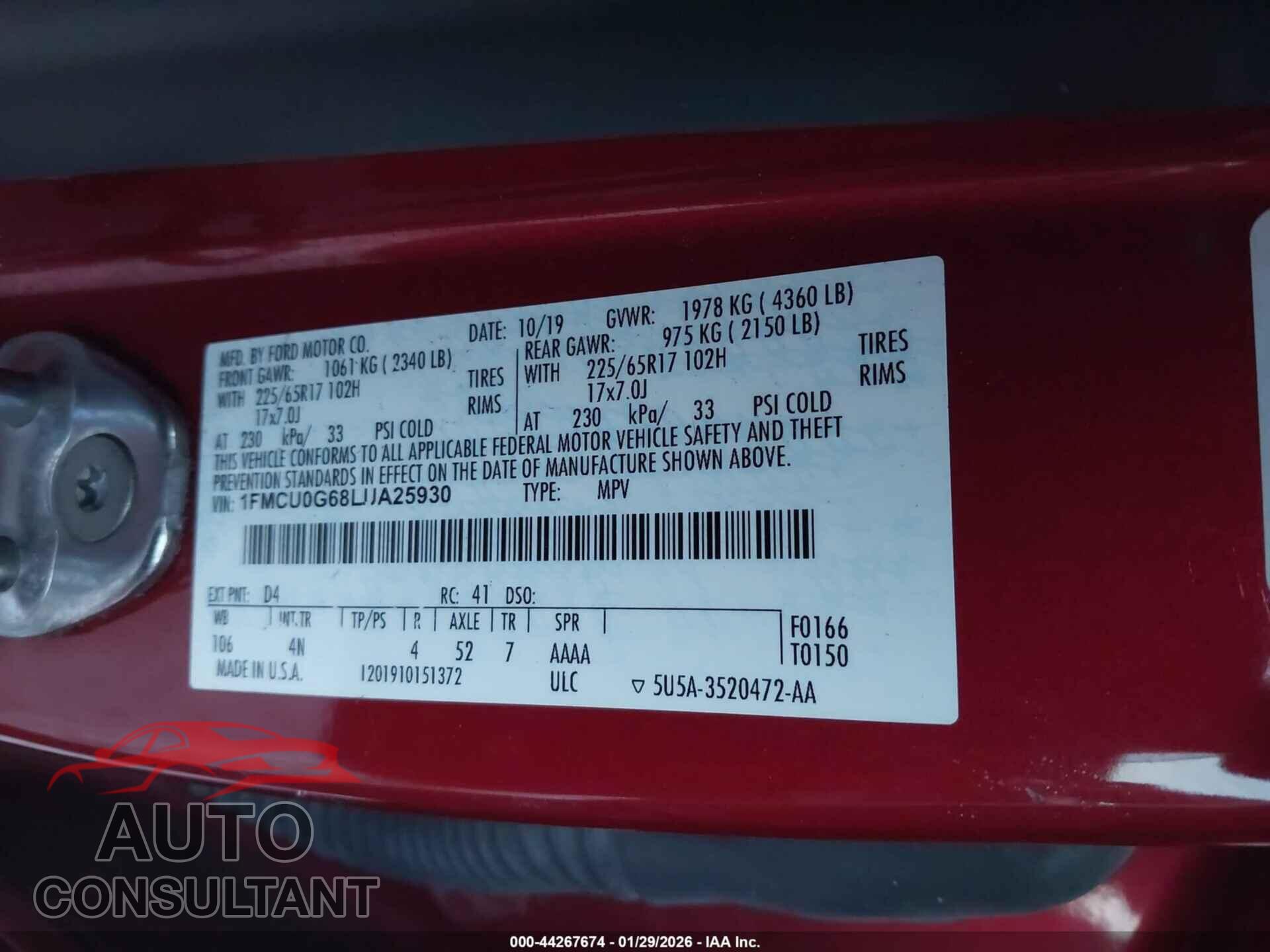 FORD ESCAPE 2020 - 1FMCU0G68LUA25930
