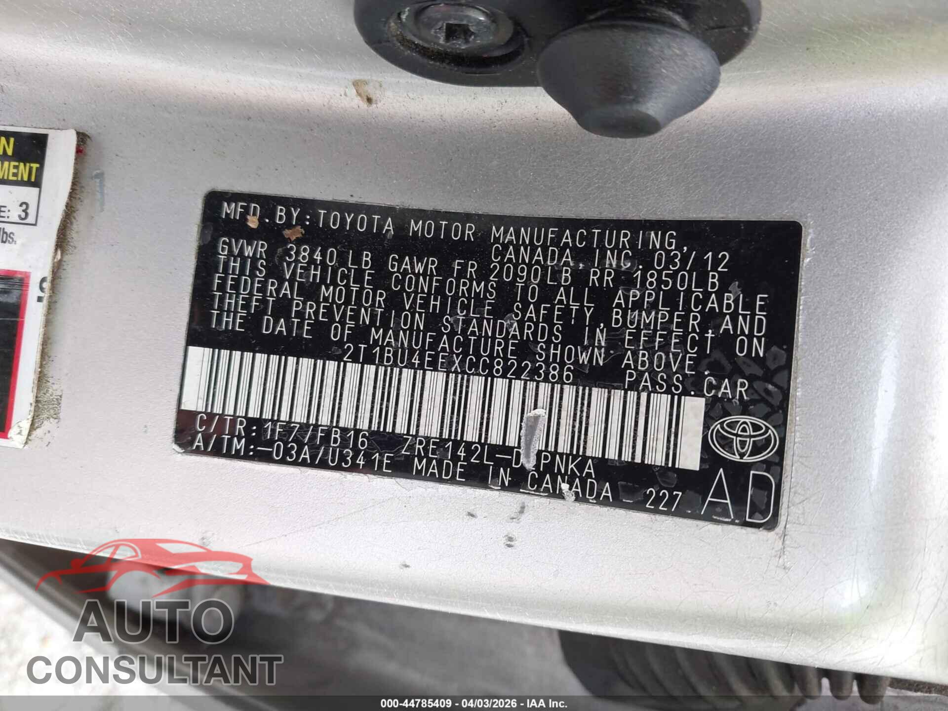 TOYOTA COROLLA 2012 - 2T1BU4EEXCC822386
