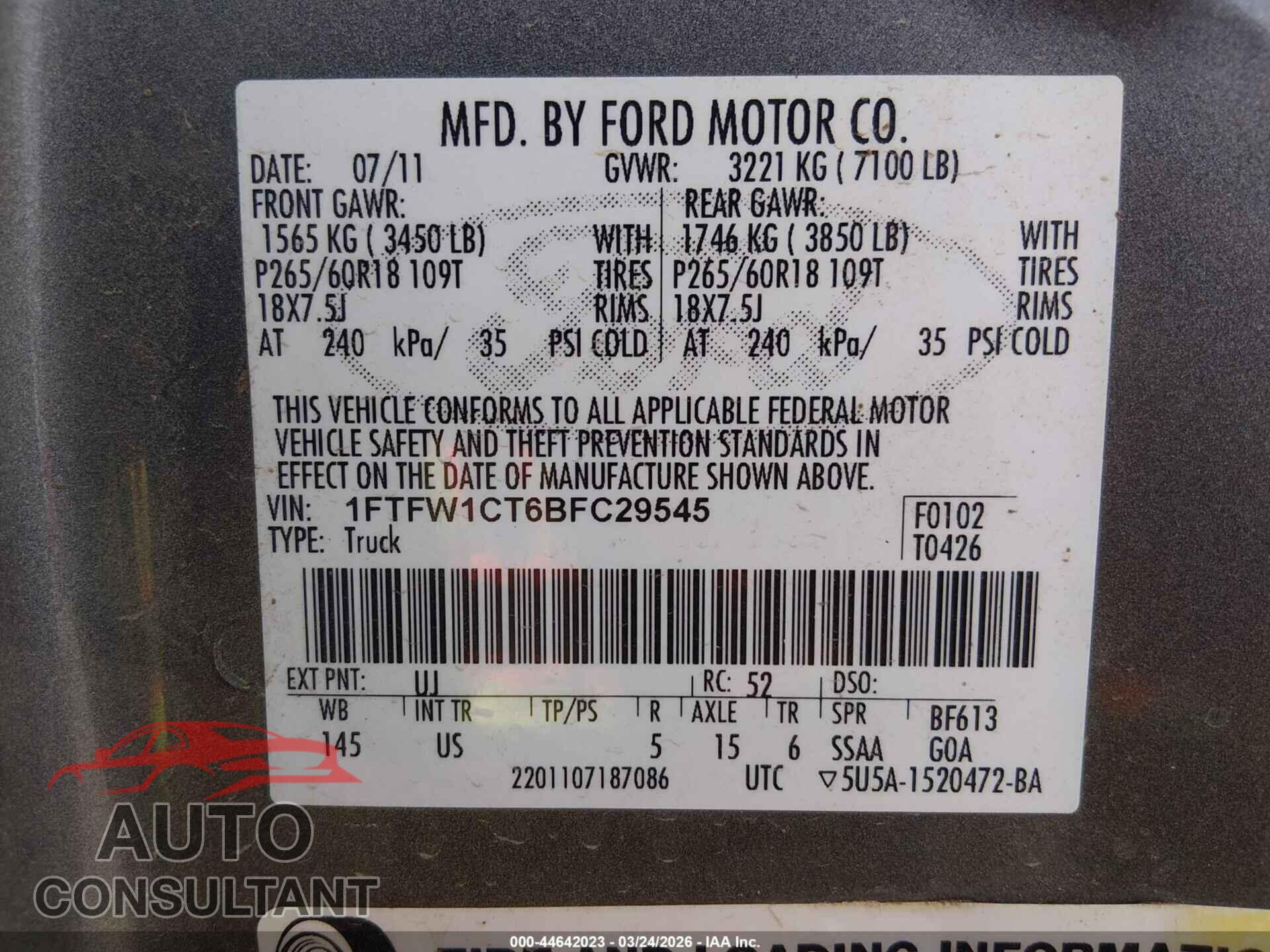 FORD F-150 2011 - 1FTFW1CT6BFC29545