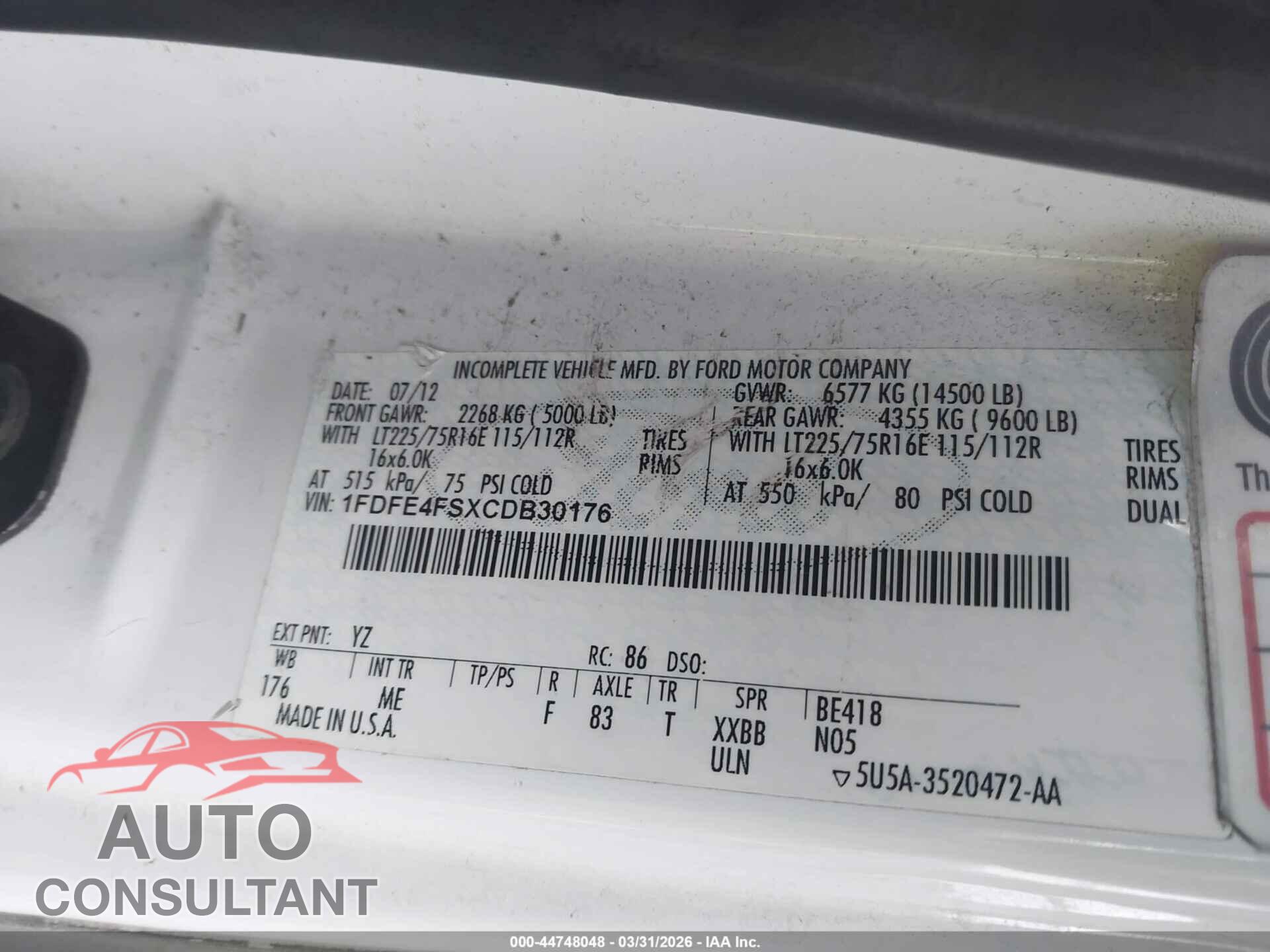 FORD E-450 CUTAWAY 2012 - 1FDFE4FSXCDB30176