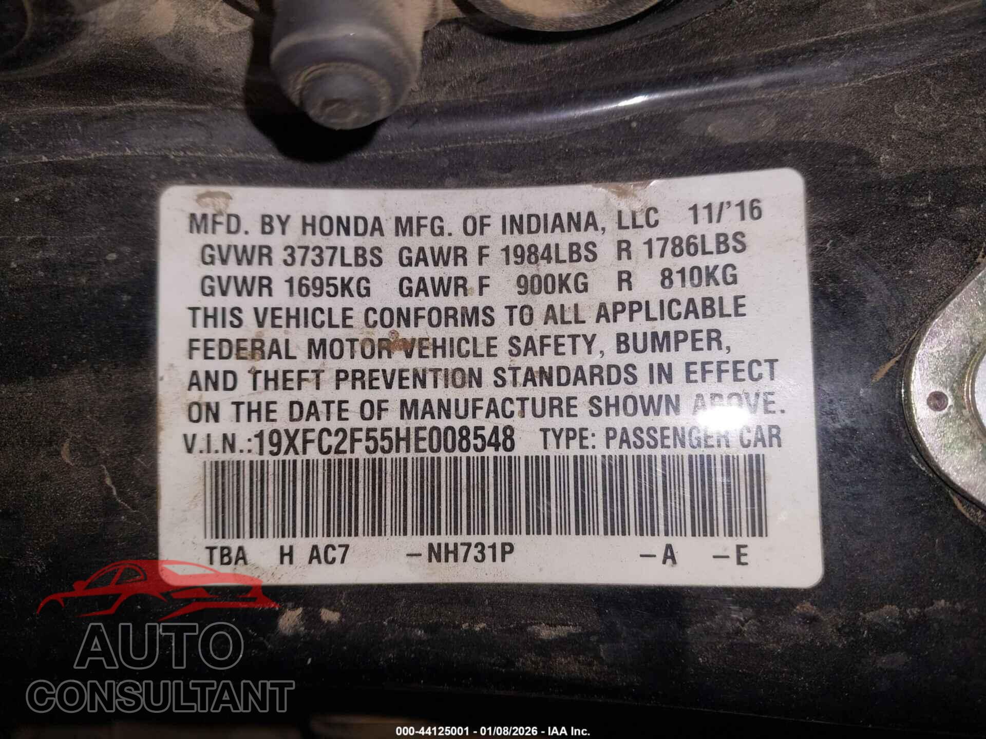 HONDA CIVIC 2017 - 19XFC2F55HE008548