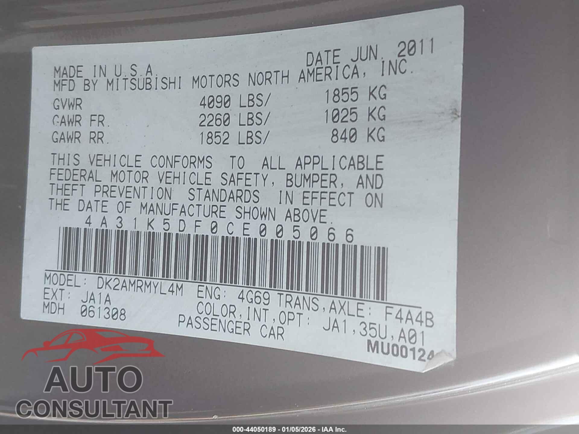 MITSUBISHI ECLIPSE 2012 - 4A31K5DF0CE005066