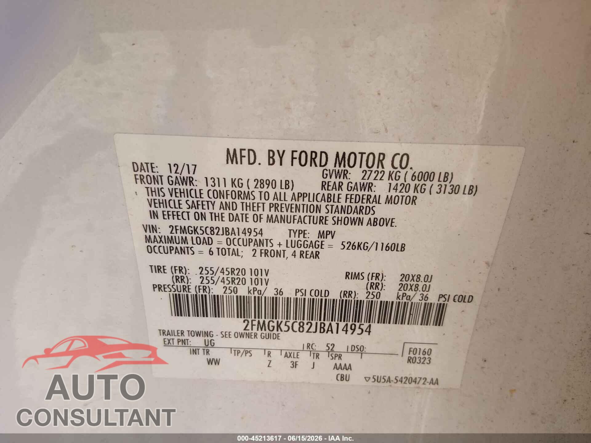 FORD FLEX 2018 - 2FMGK5C82JBA14954