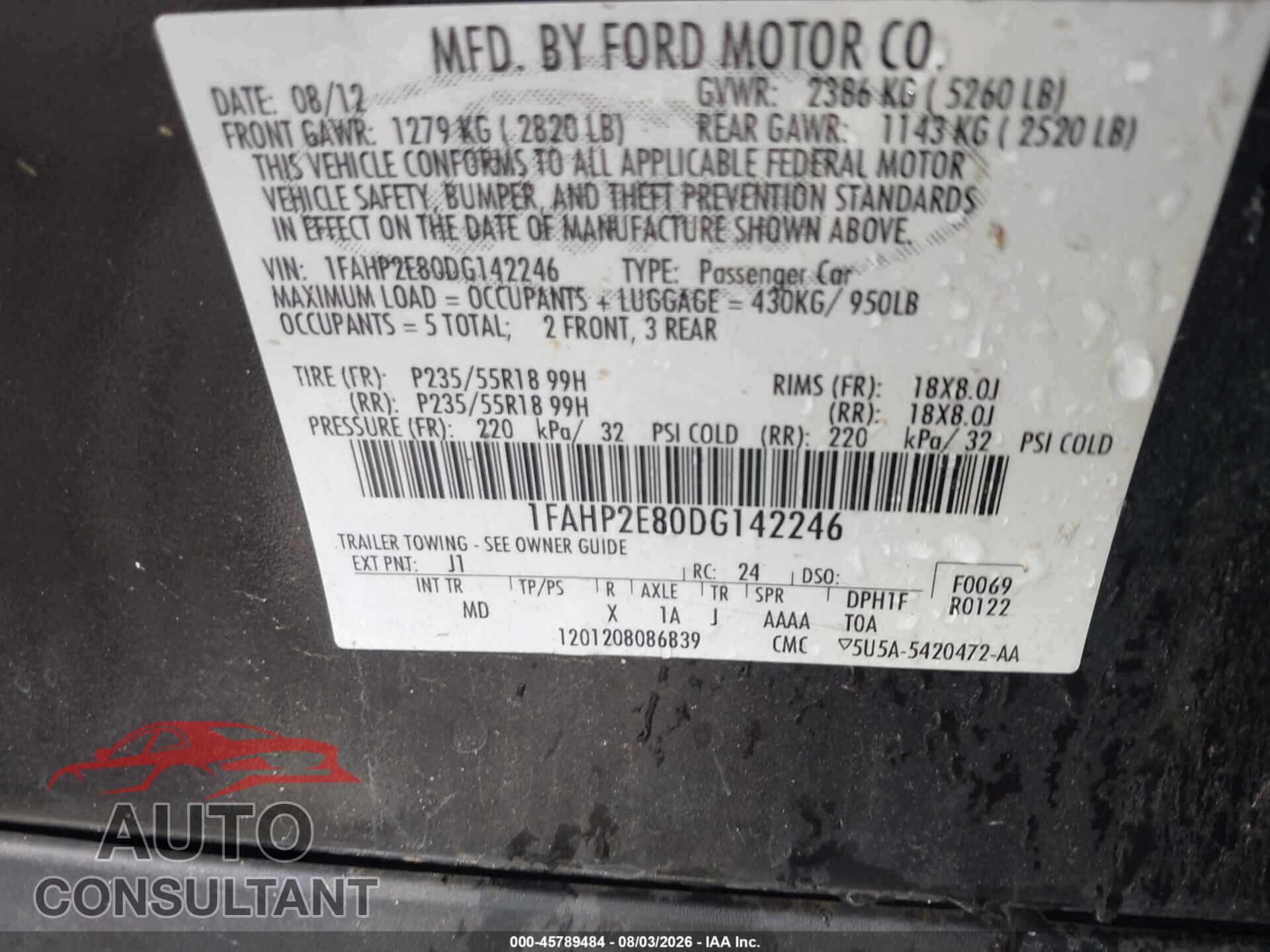 FORD TAURUS 2013 - 1FAHP2E80DG142246