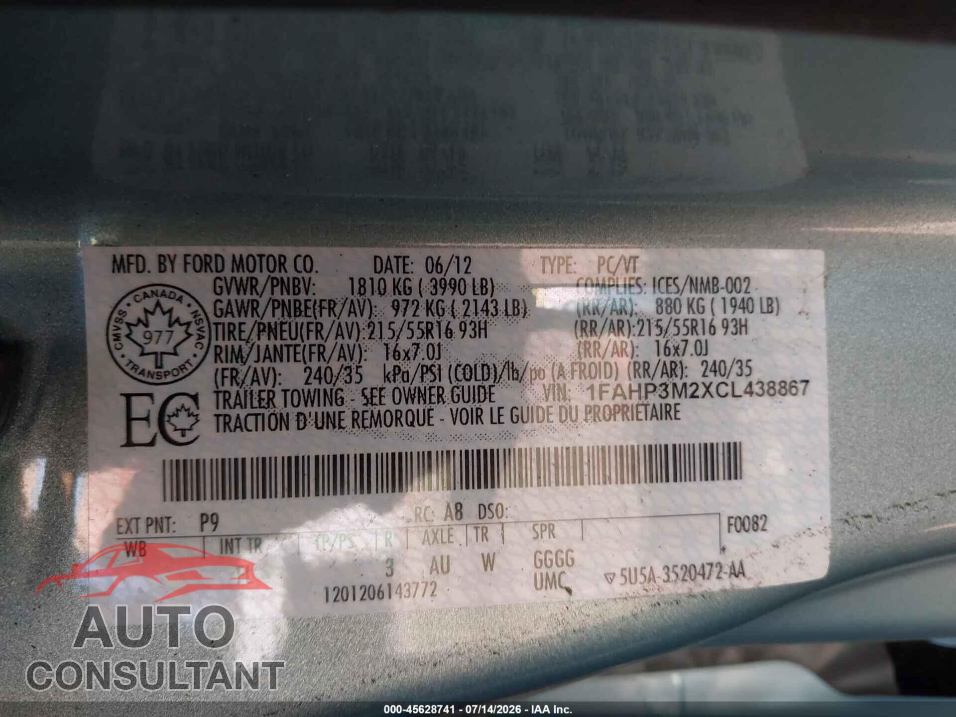 FORD FOCUS 2012 - 1FAHP3M2XCL438867