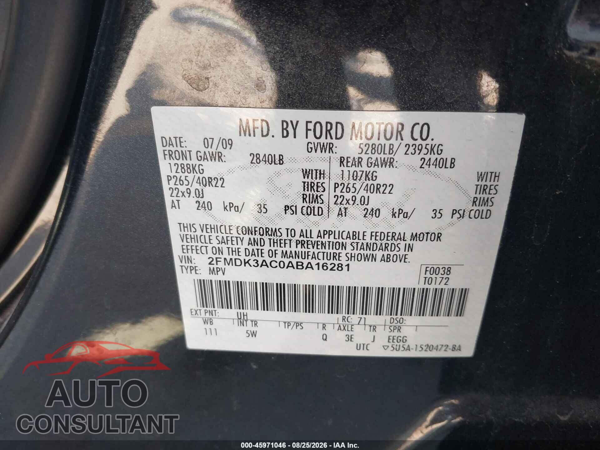 FORD EDGE 2010 - 2FMDK3AC0ABA16281