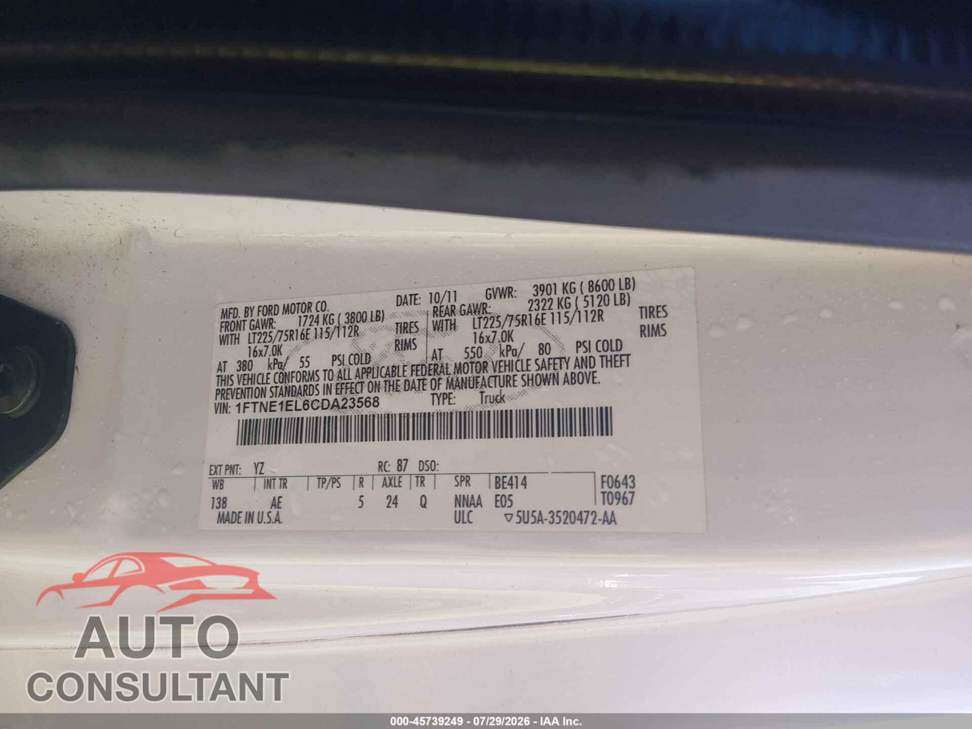 FORD E-150 2012 - 1FTNE1EL6CDA23568