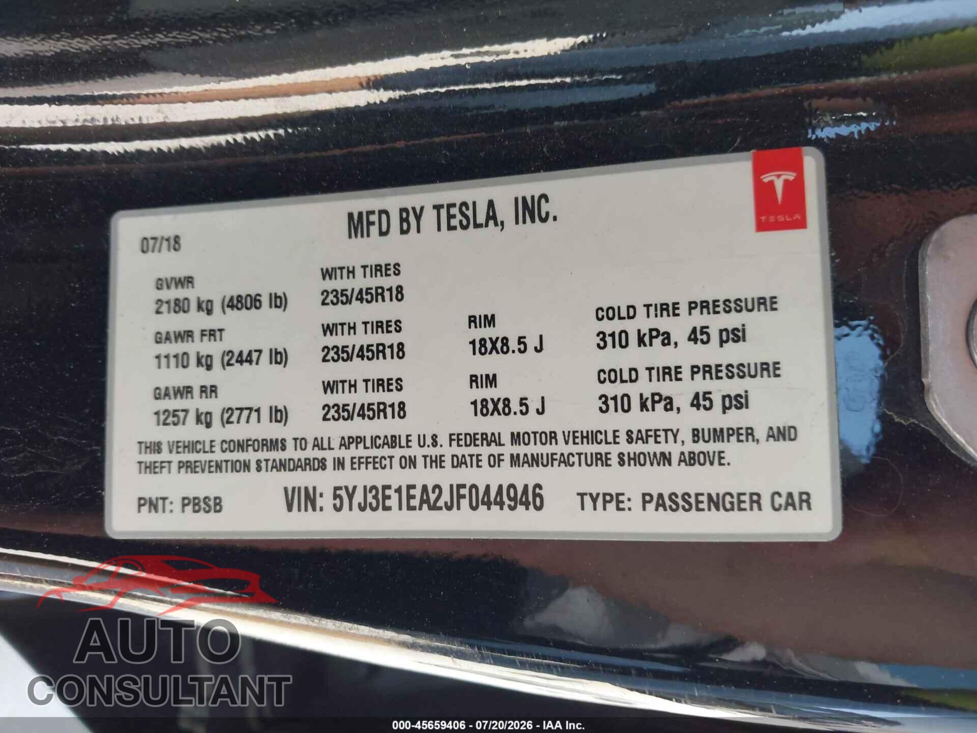 TESLA MODEL 3 2018 - 5YJ3E1EA2JF044946