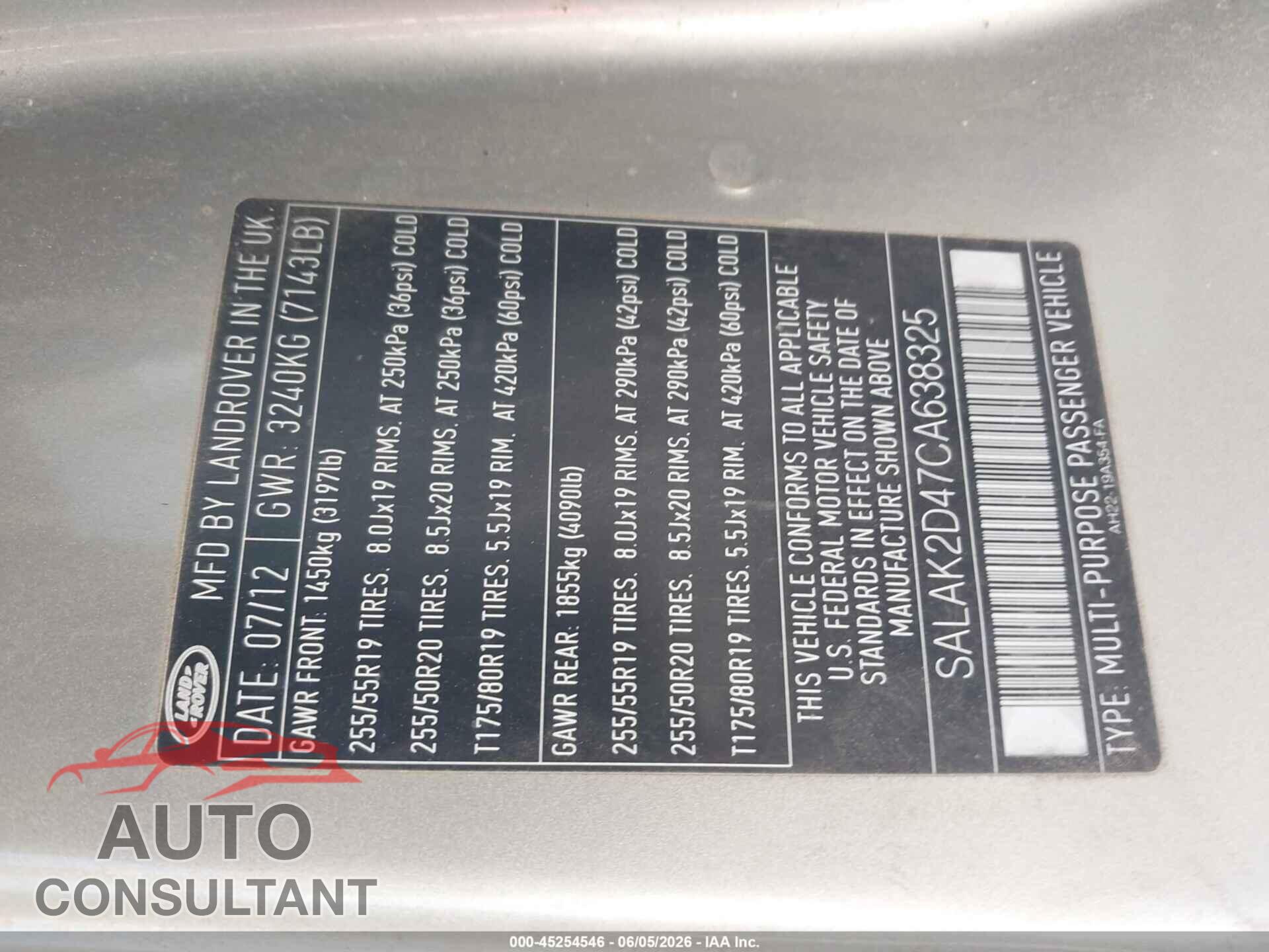 LAND ROVER LR4 2012 - SALAK2D47CA638325