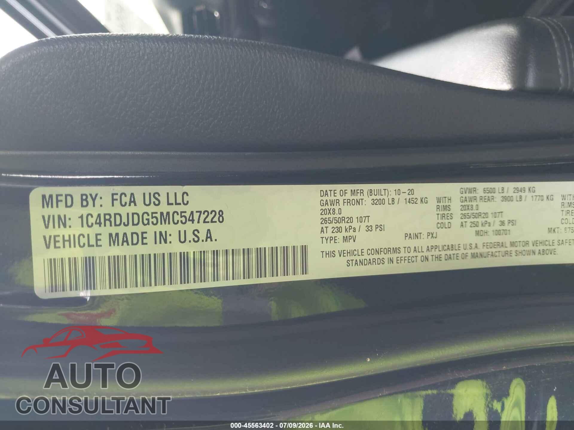 DODGE DURANGO 2021 - 1C4RDJDG5MC547228