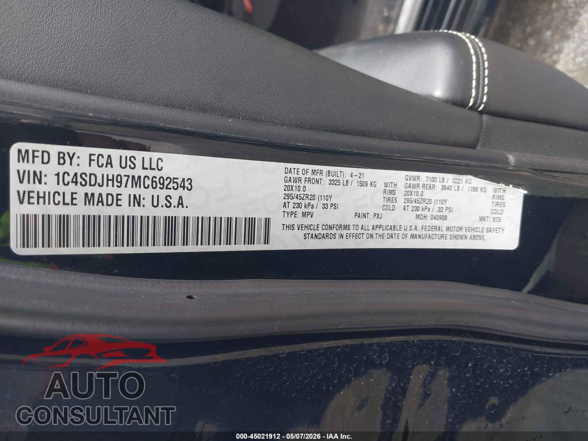 DODGE DURANGO 2021 - 1C4SDJH97MC692543