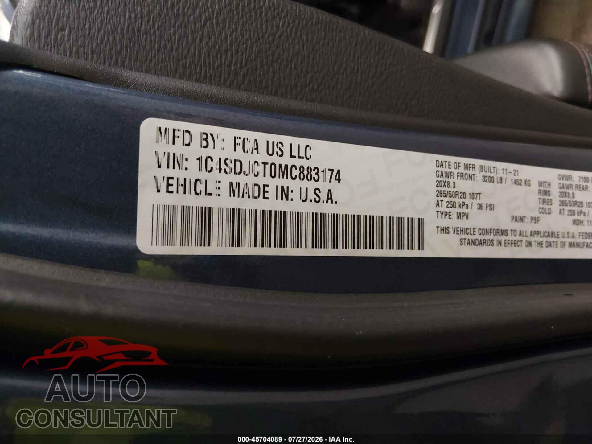 DODGE DURANGO 2021 - 1C4SDJCT0MC883174