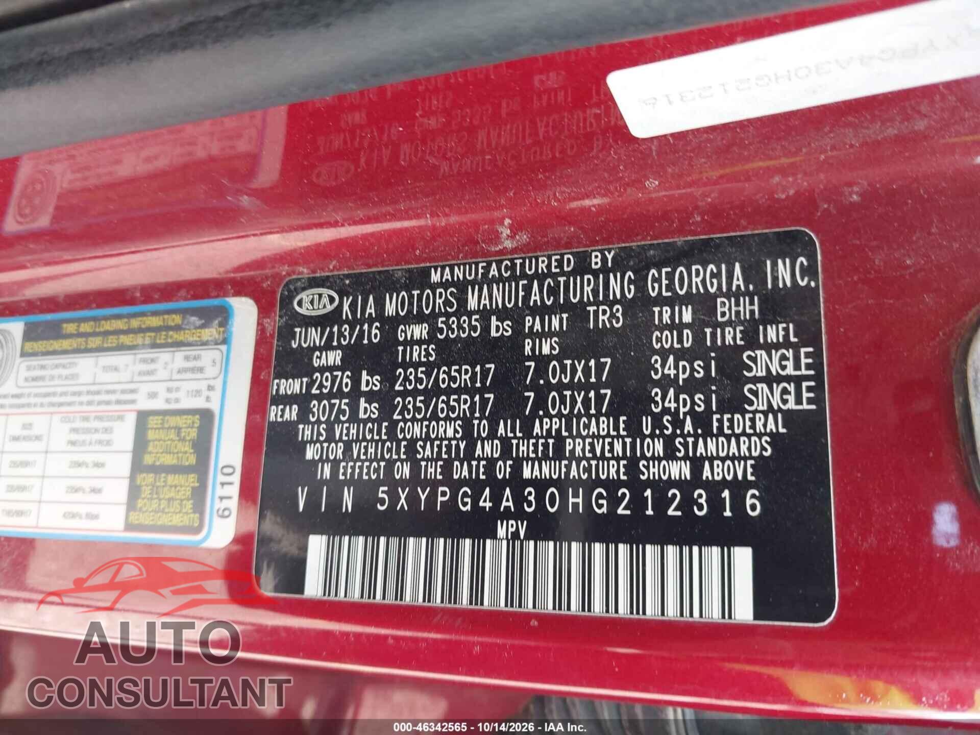 KIA SORENTO 2017 - 5XYPG4A30HG212316