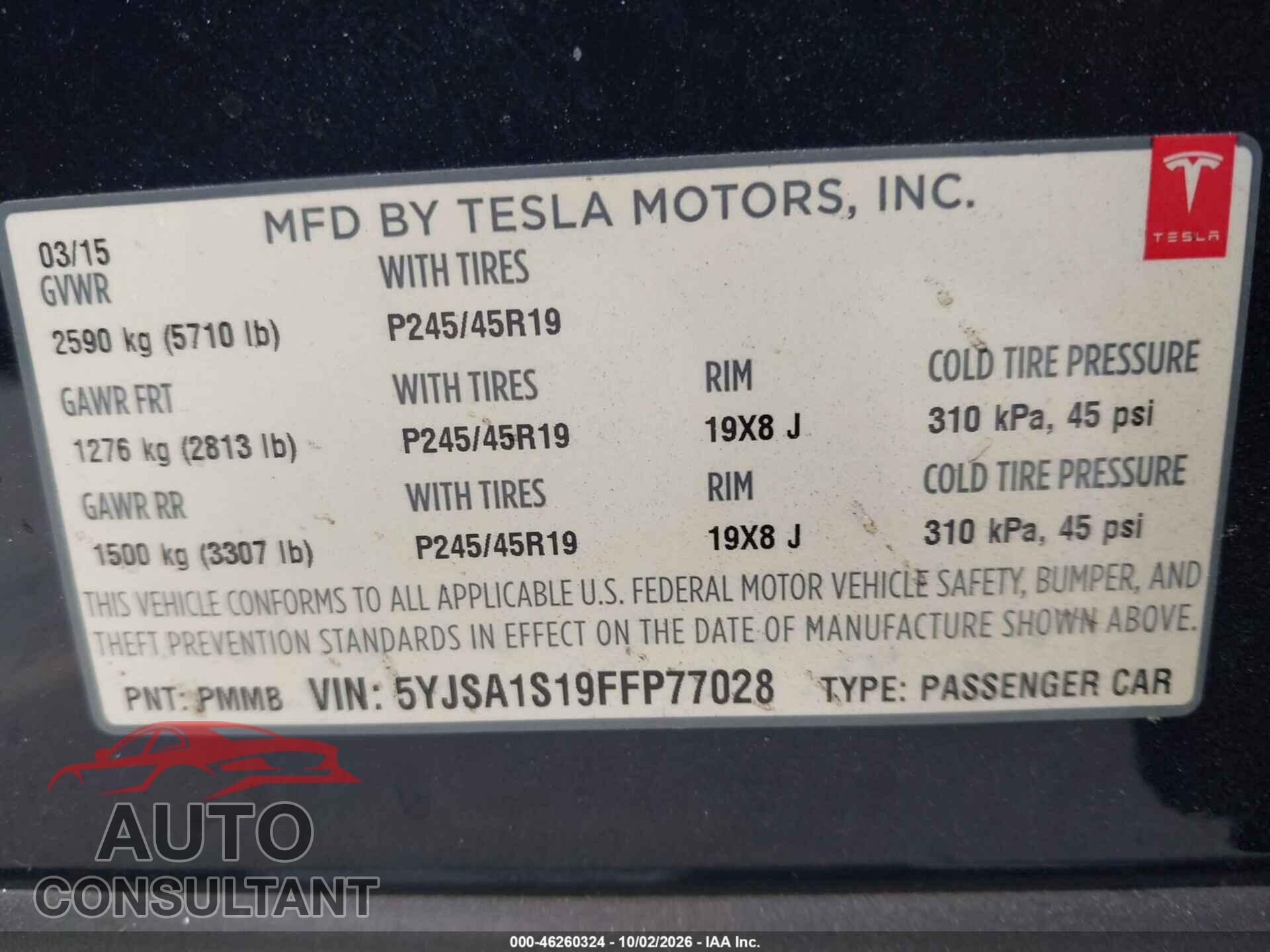 TESLA MODEL S 2015 - 5YJSA1S19FFP77028