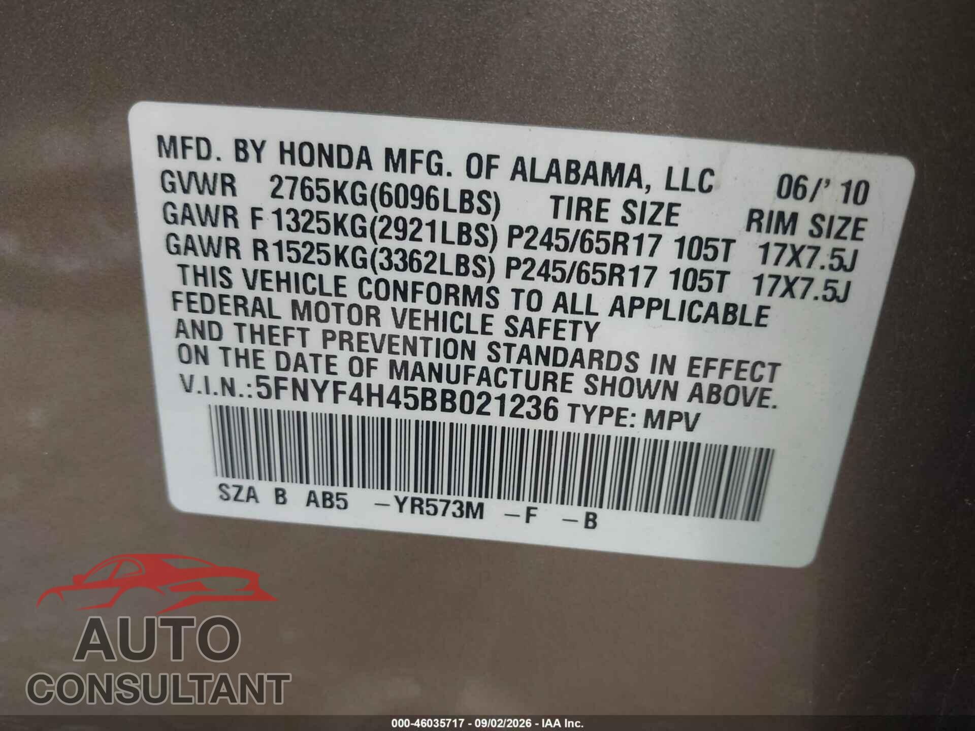 HONDA PILOT 2011 - 5FNYF4H45BB021236