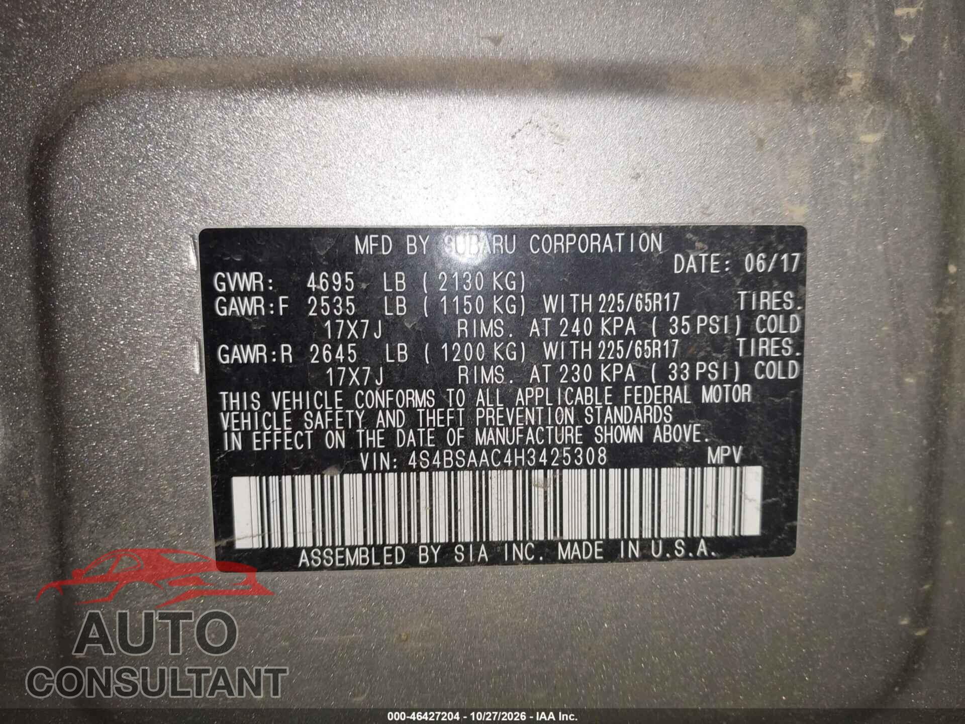 SUBARU OUTBACK 2017 - 4S4BSAAC4H3425308