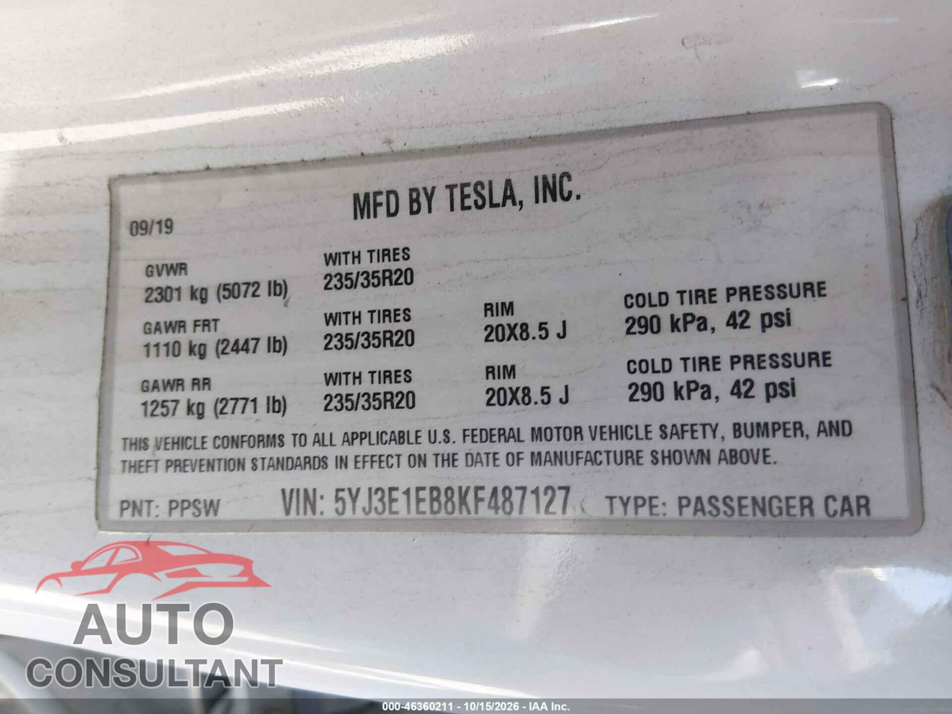 TESLA MODEL 3 2019 - 5YJ3E1EB8KF487127