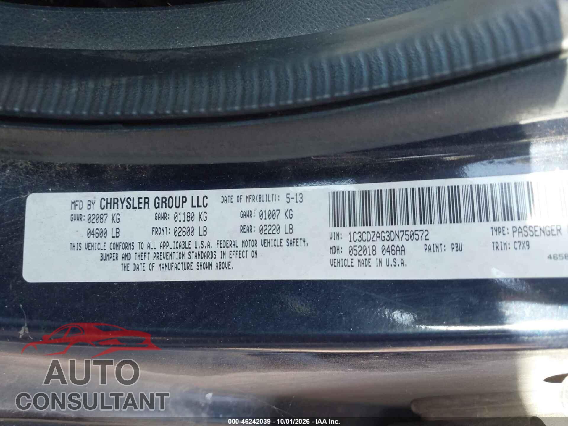 DODGE AVENGER 2013 - 1C3CDZAG3DN750572