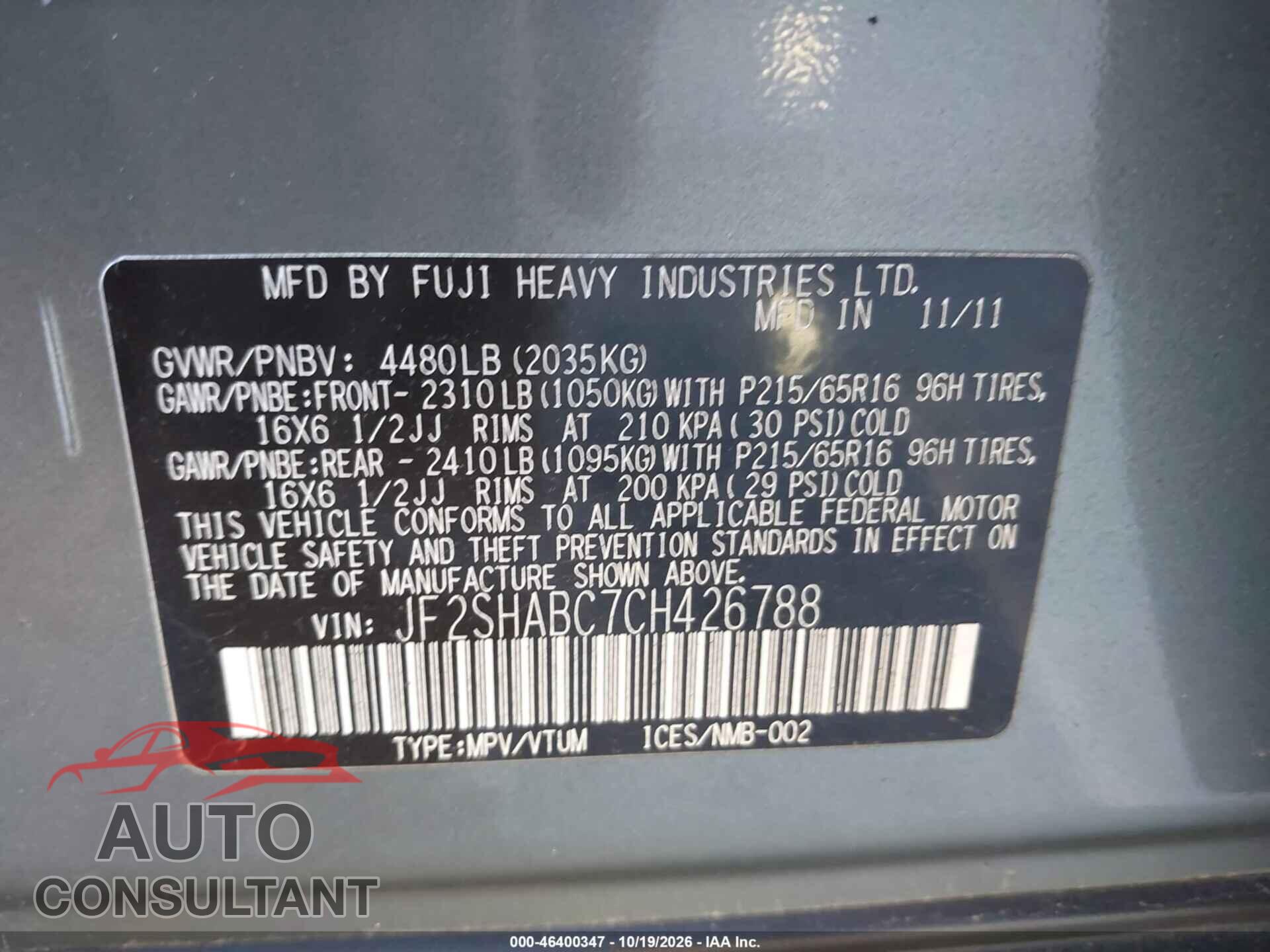 SUBARU FORESTER 2012 - JF2SHABC7CH426788