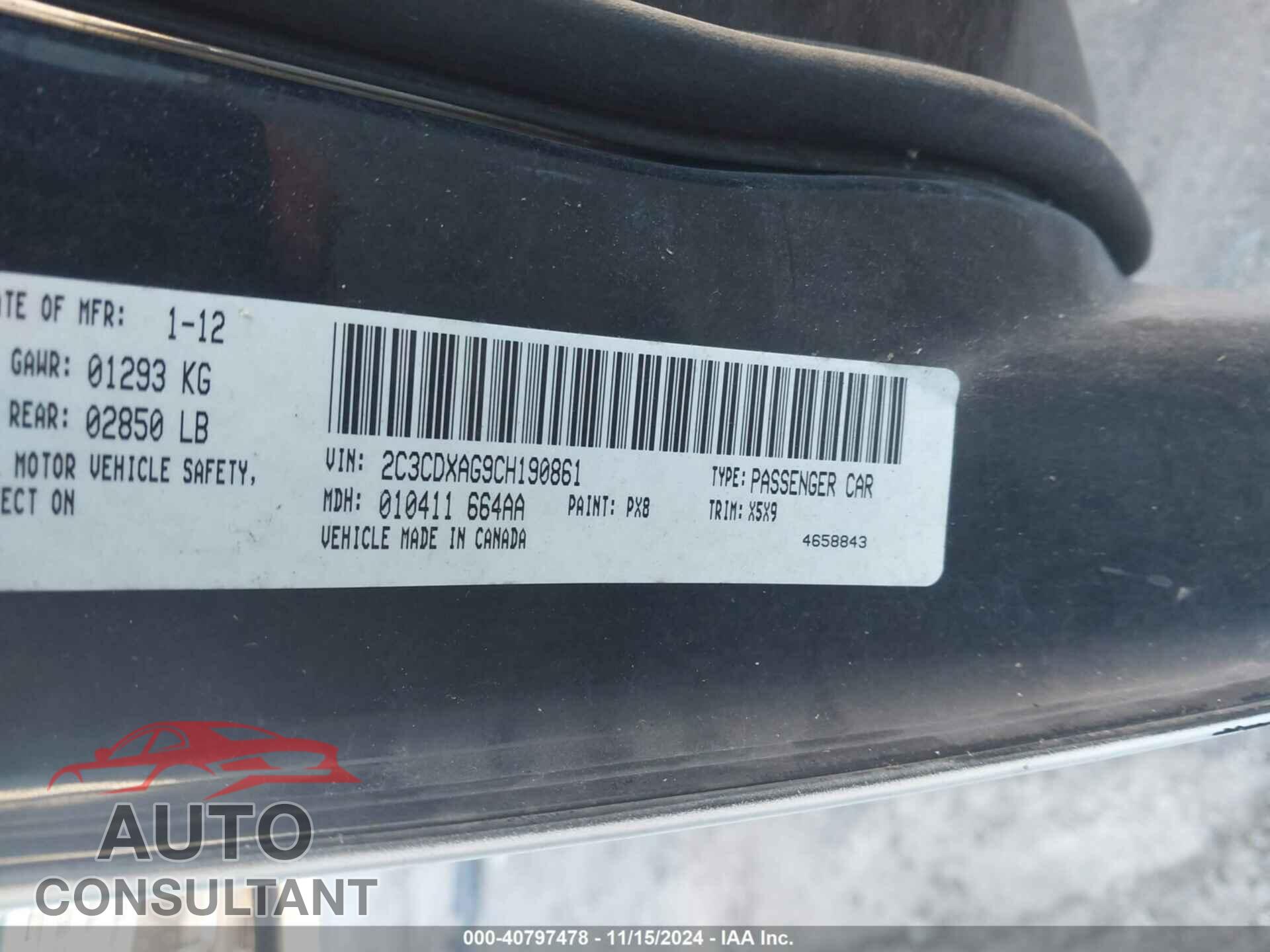 DODGE CHARGER 2012 - 2C3CDXAG9CH190861