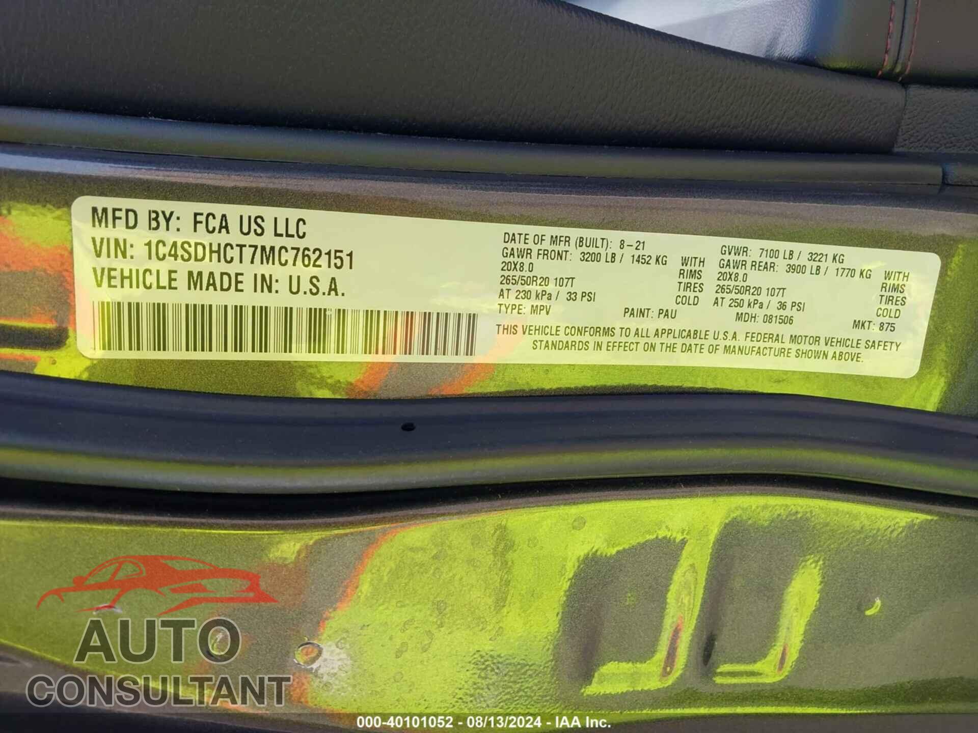 DODGE DURANGO 2021 - 1C4SDHCT7MC762151