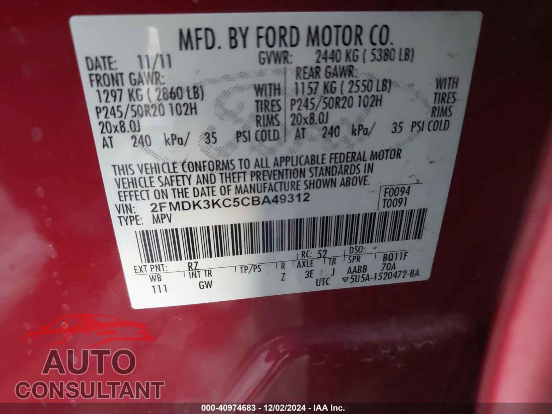 FORD EDGE 2012 - 2FMDK3KC5CBA49312