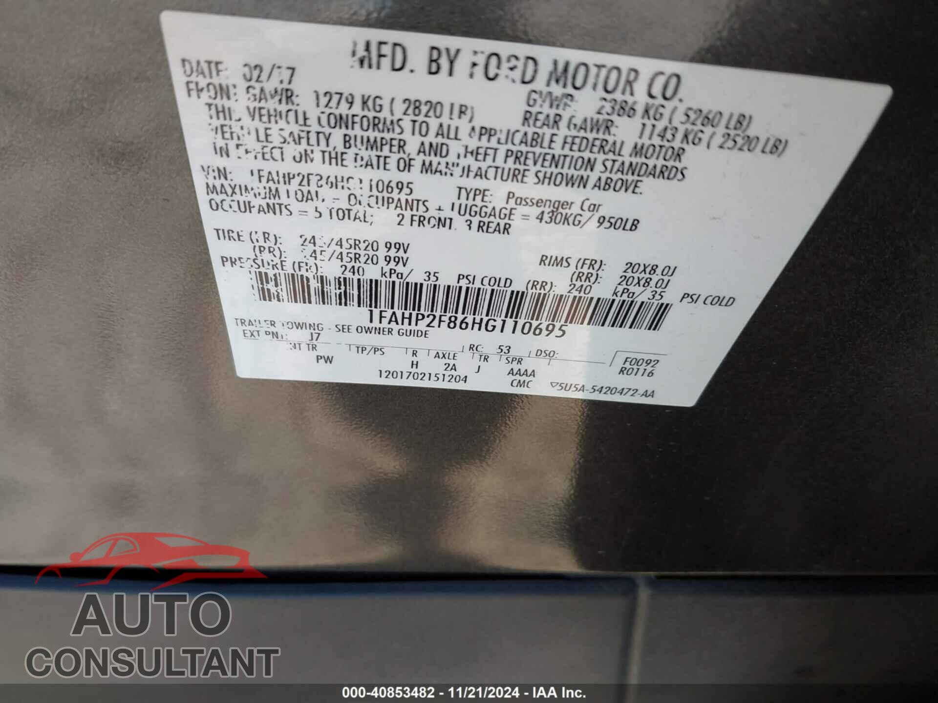 FORD TAURUS 2017 - 1FAHP2F86HG110695