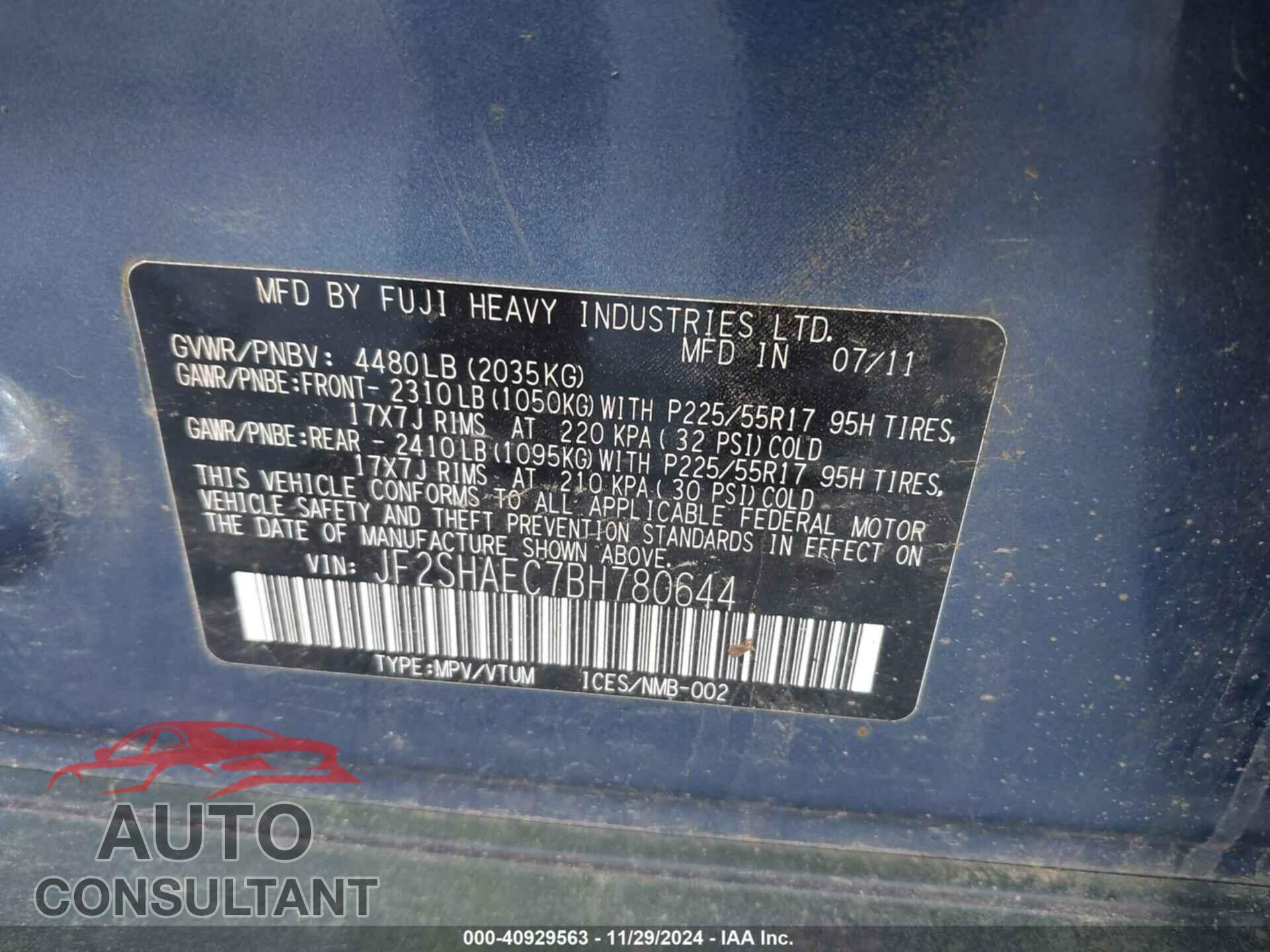 SUBARU FORESTER 2011 - JF2SHAEC7BH780644